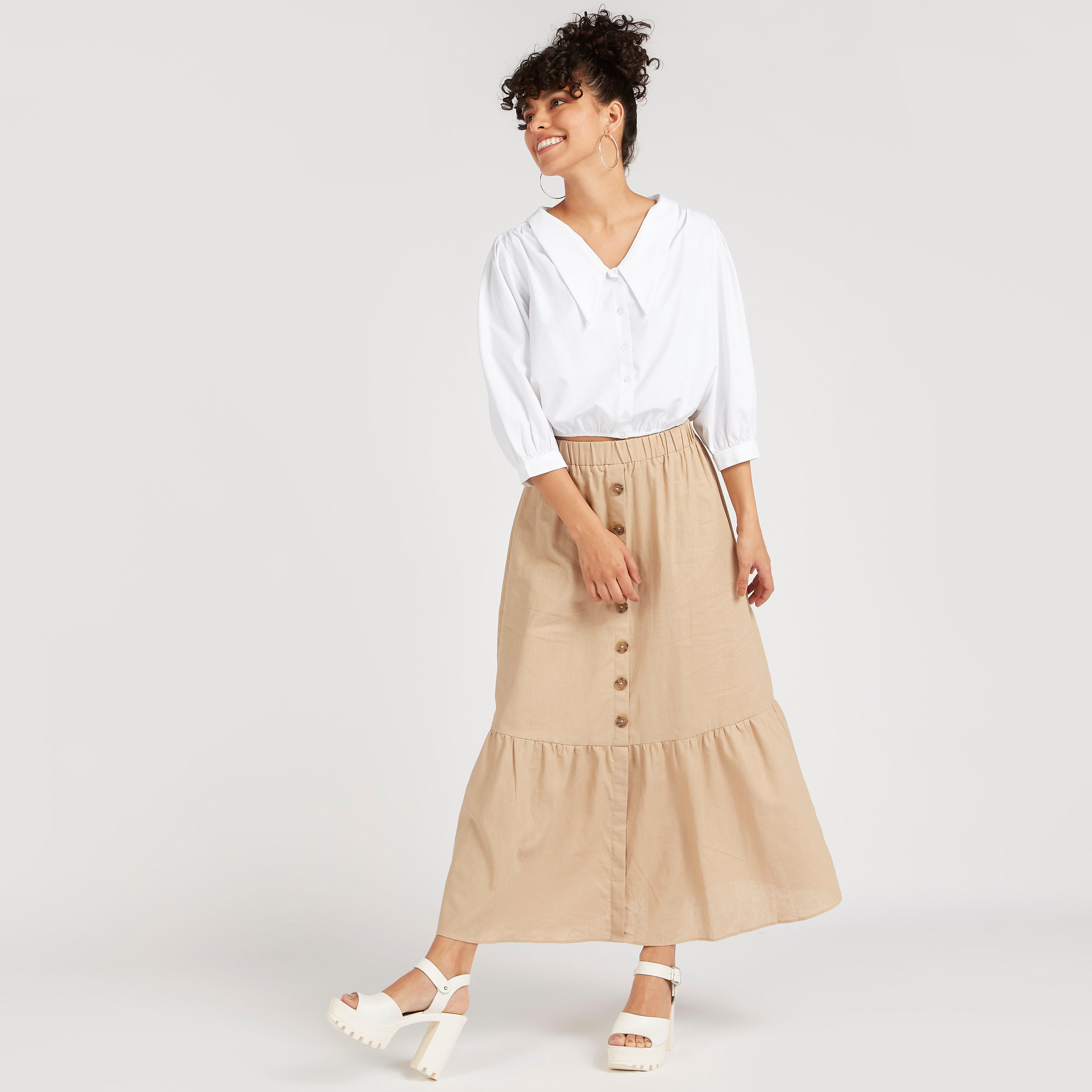 قميص سادة بزر أمامي وأكمام 3/4-women-clothing-shirtsandblouses-shirts-image-4