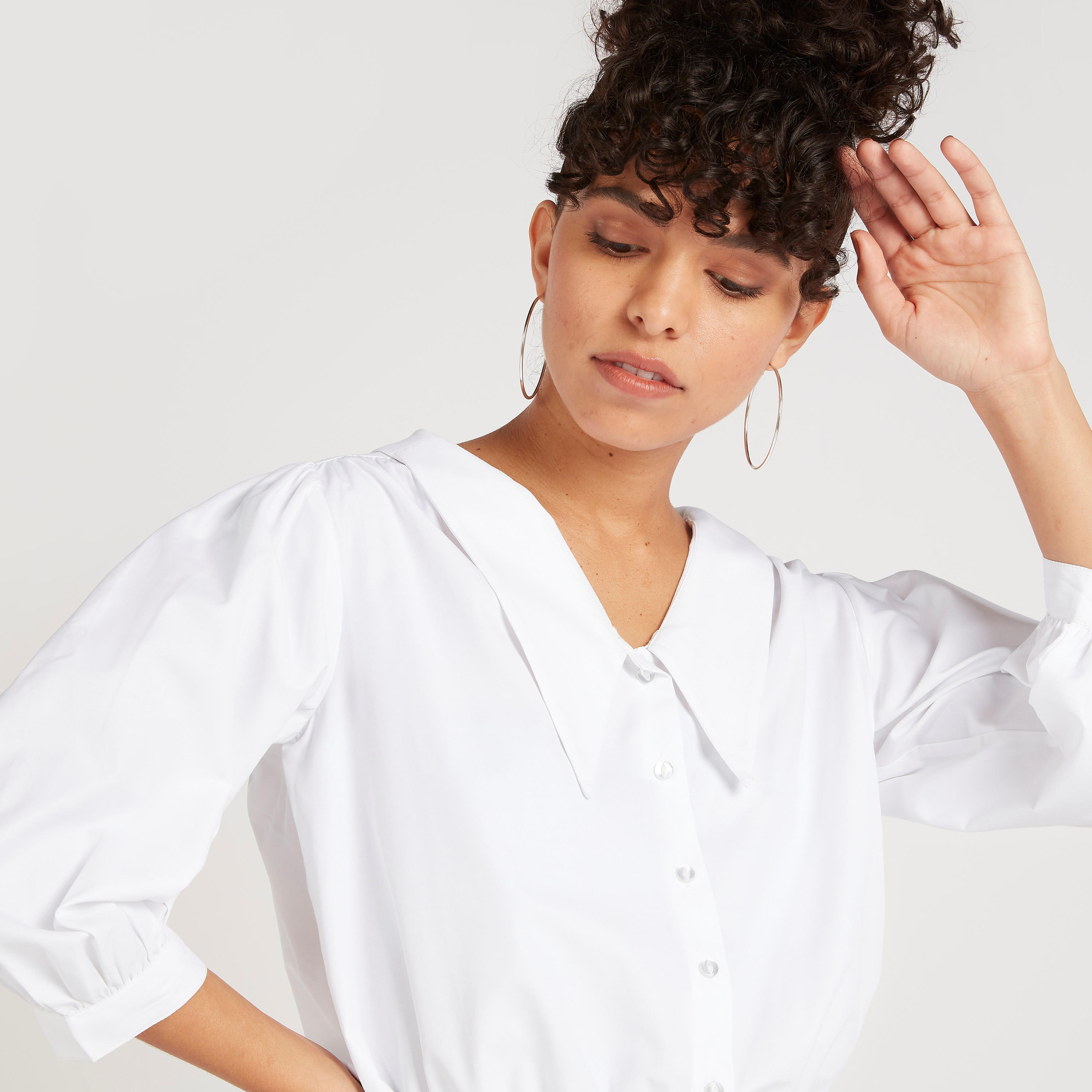 قميص سادة بزر أمامي وأكمام 3/4-women-clothing-shirtsandblouses-shirts-image-3