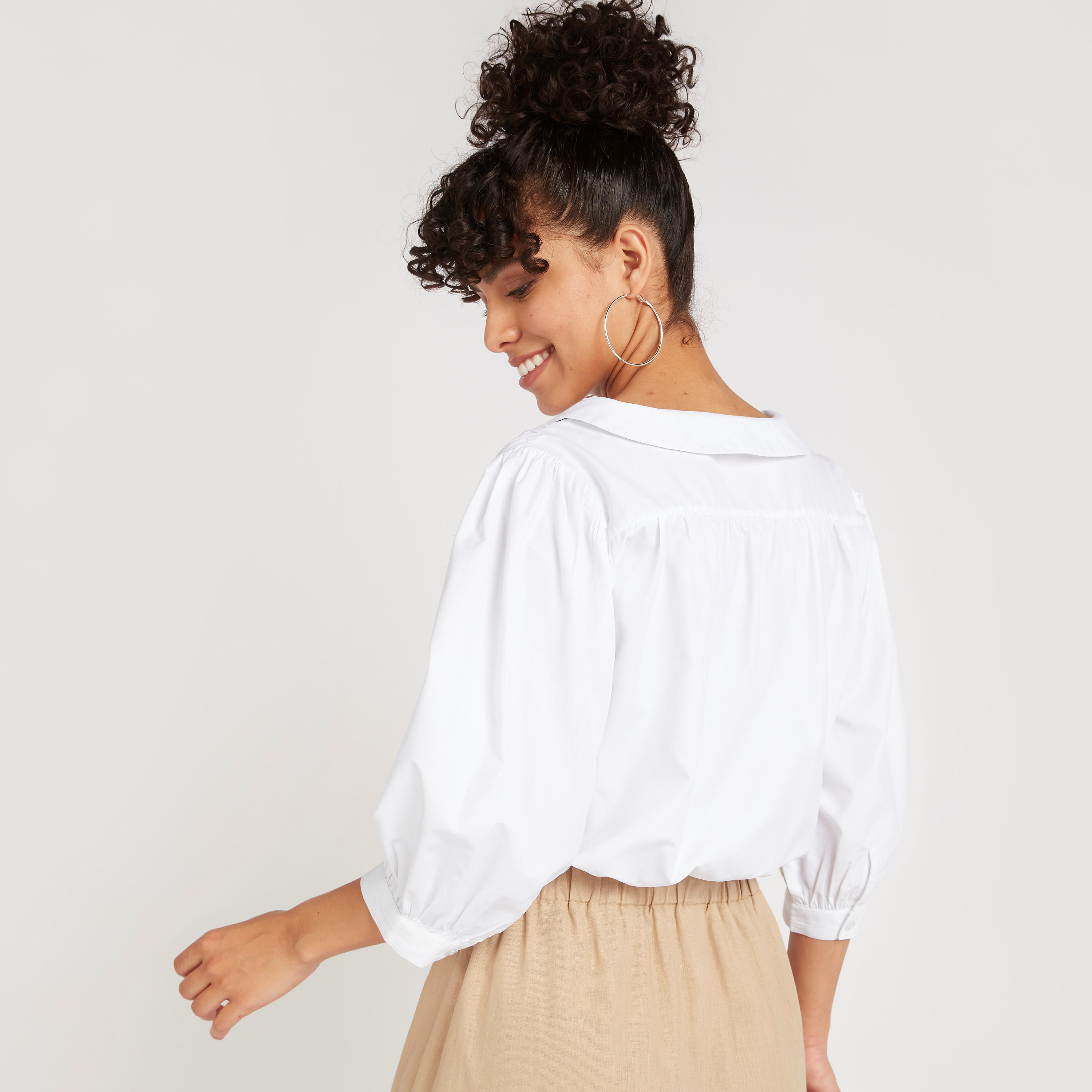 قميص سادة بزر أمامي وأكمام 3/4-women-clothing-shirtsandblouses-shirts-image-2