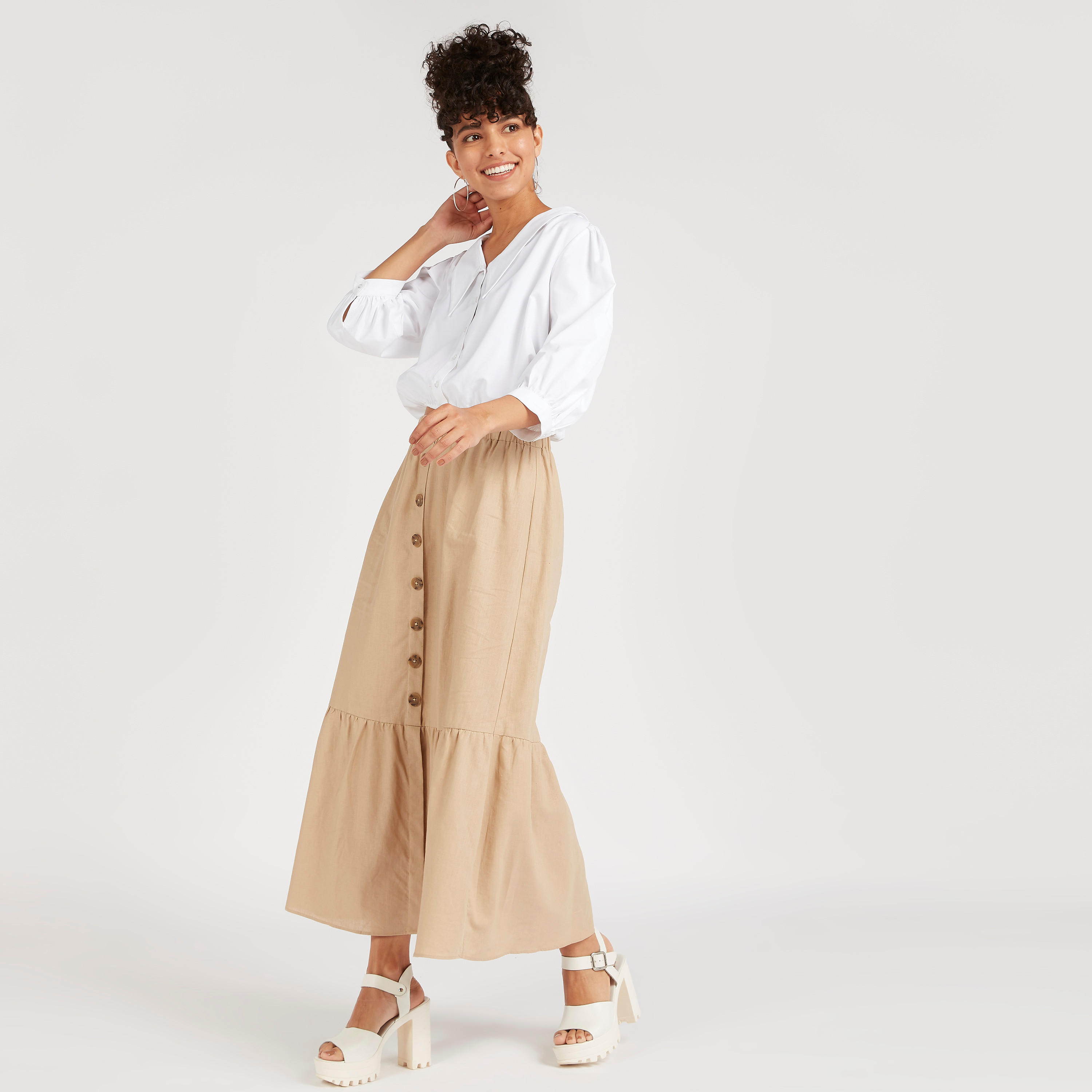 قميص سادة بزر أمامي وأكمام 3/4-women-clothing-shirtsandblouses-shirts-image-1