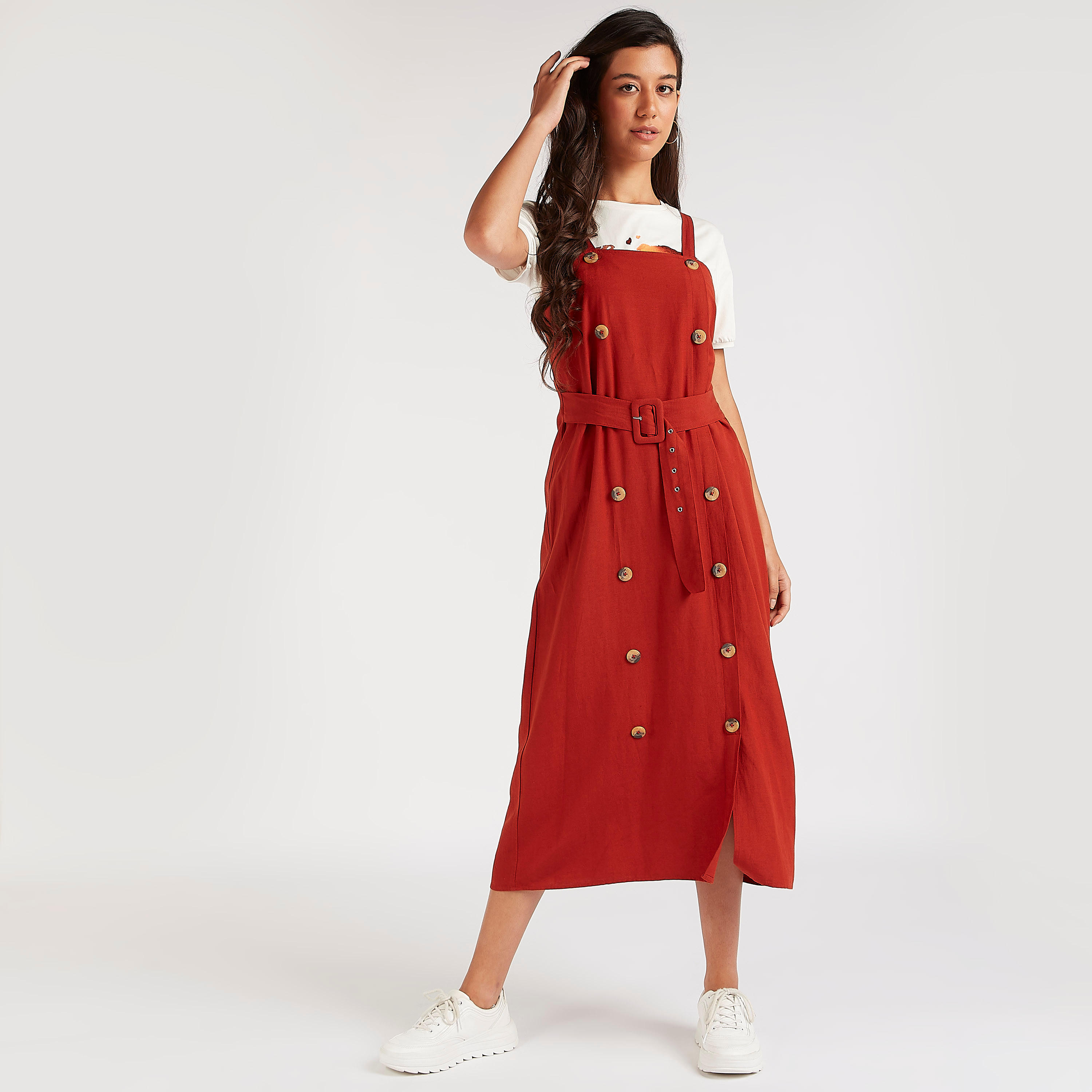 Solid Midi Dungaree Dress with Belt and Button Accent-women-clothing-dresses-image-1