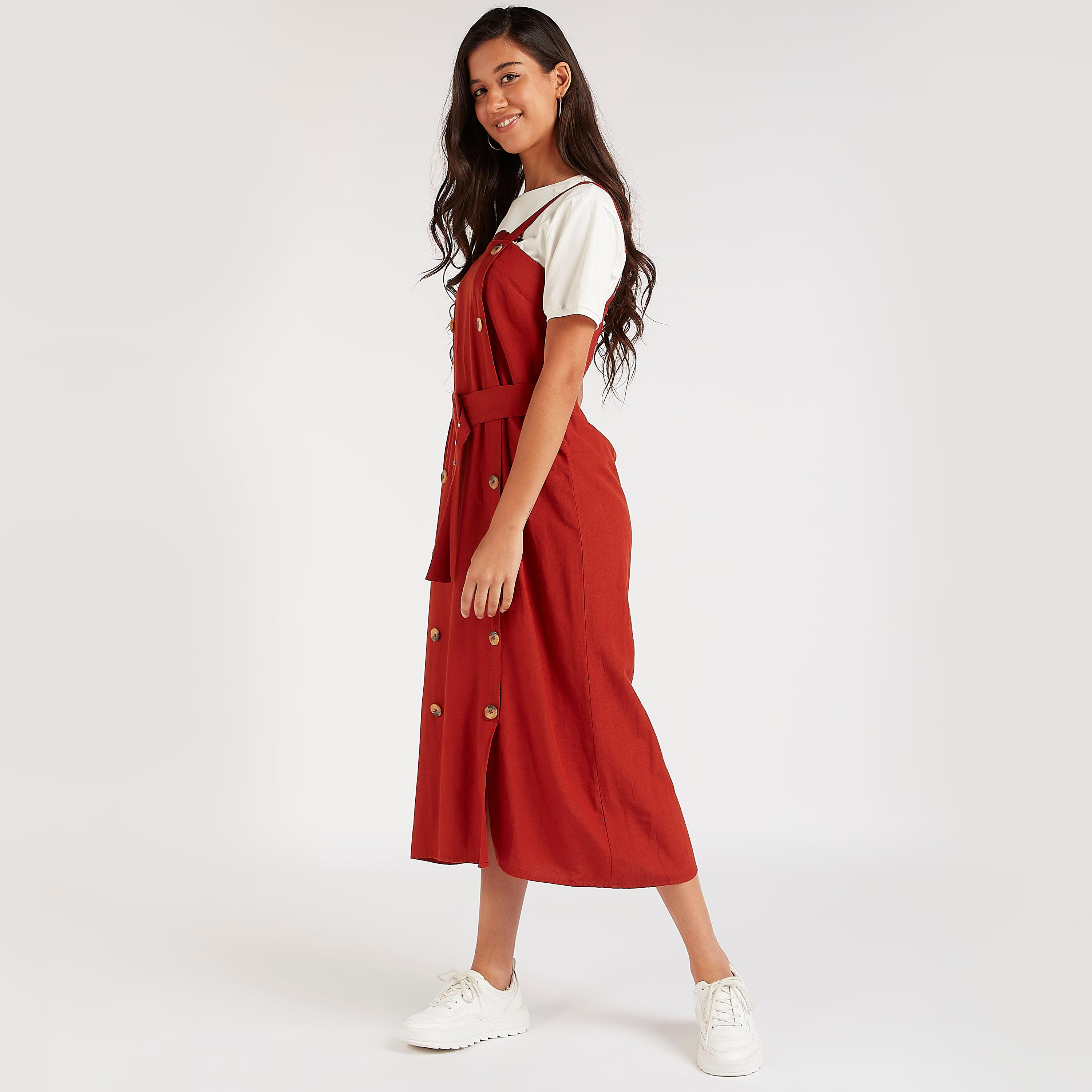 Solid Midi Dungaree Dress with Belt and Button Accent-women-clothing-dresses-image-2
