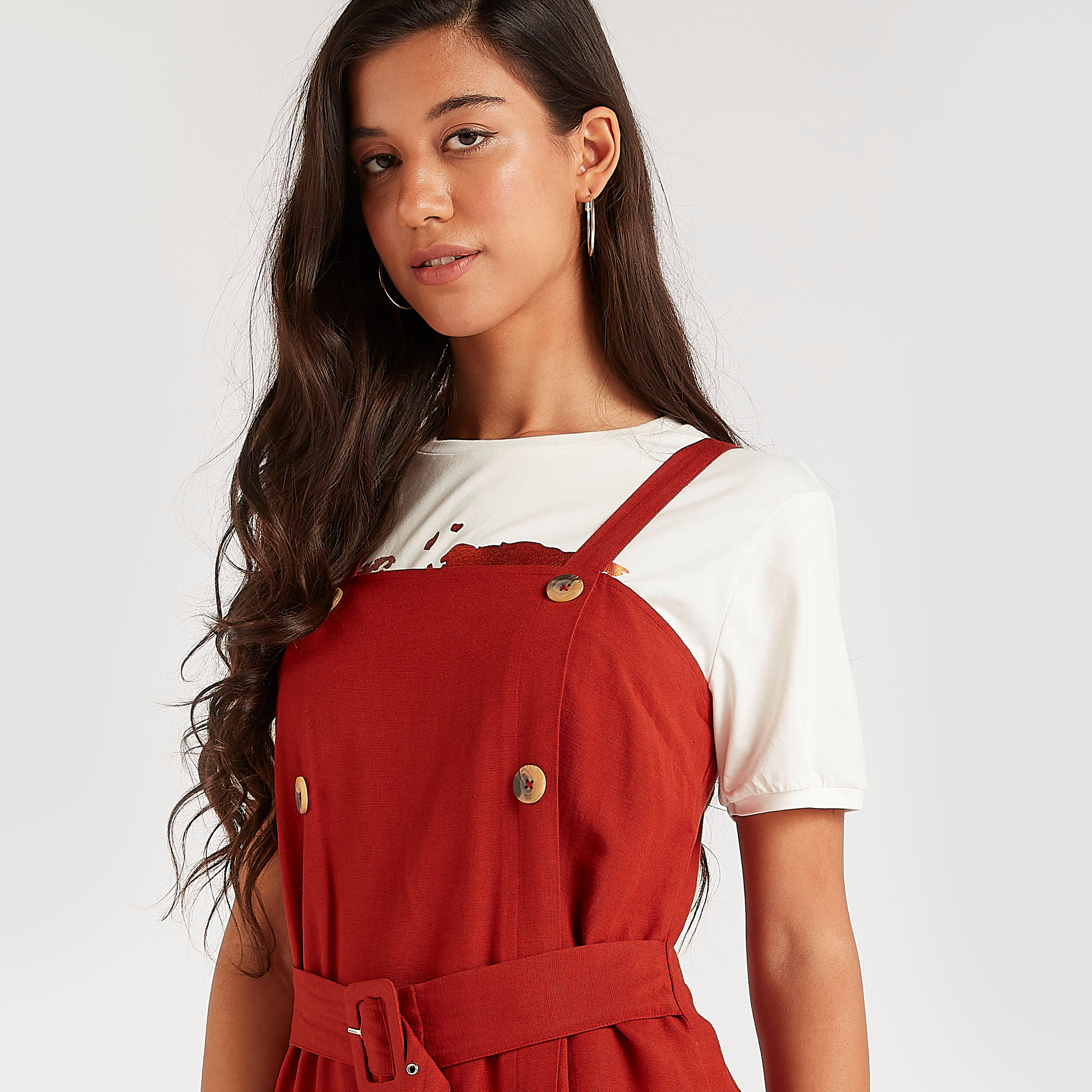 Solid Midi Dungaree Dress with Belt and Button Accent-women-clothing-dresses-image-3
