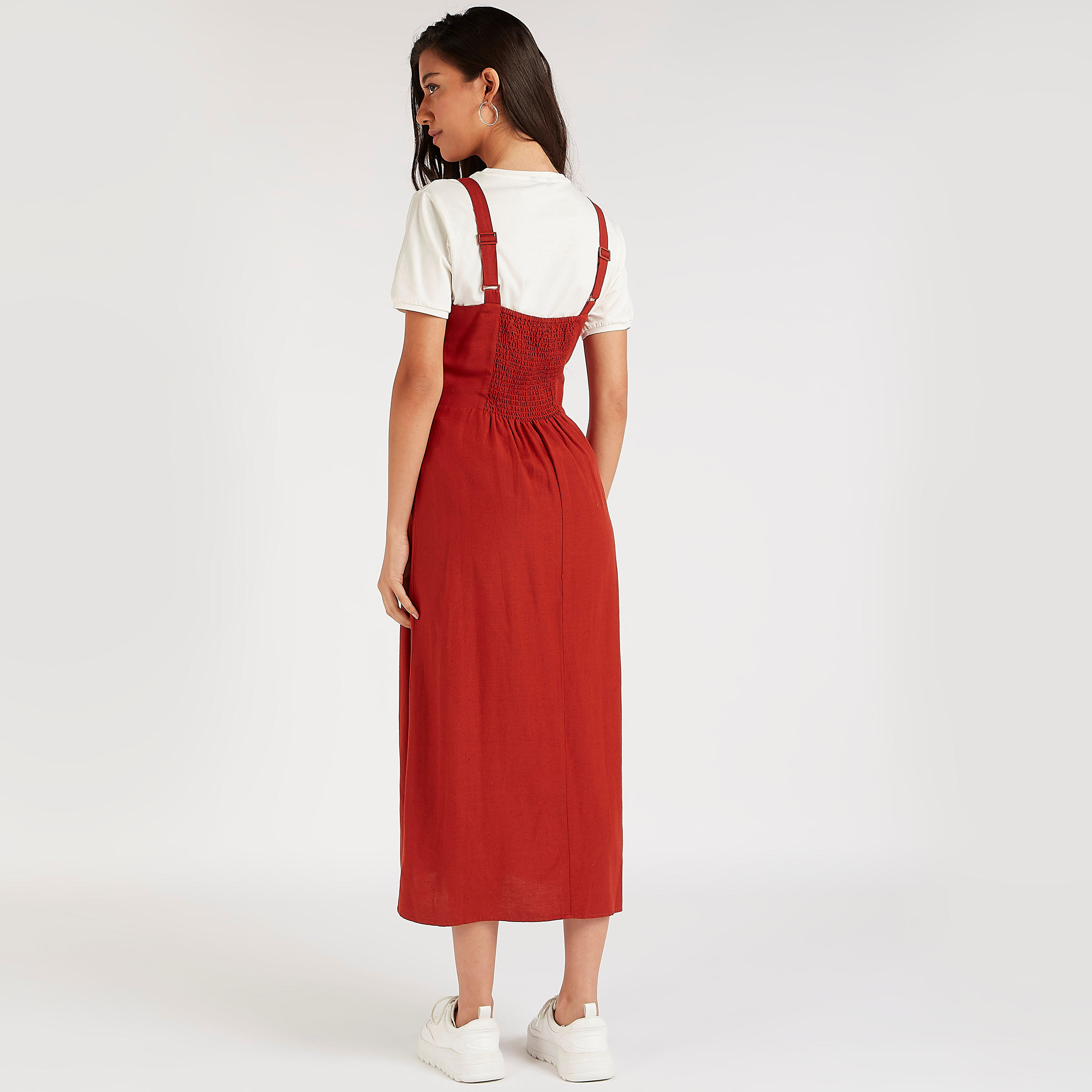 Solid Midi Dungaree Dress with Belt and Button Accent-women-clothing-dresses-image-4