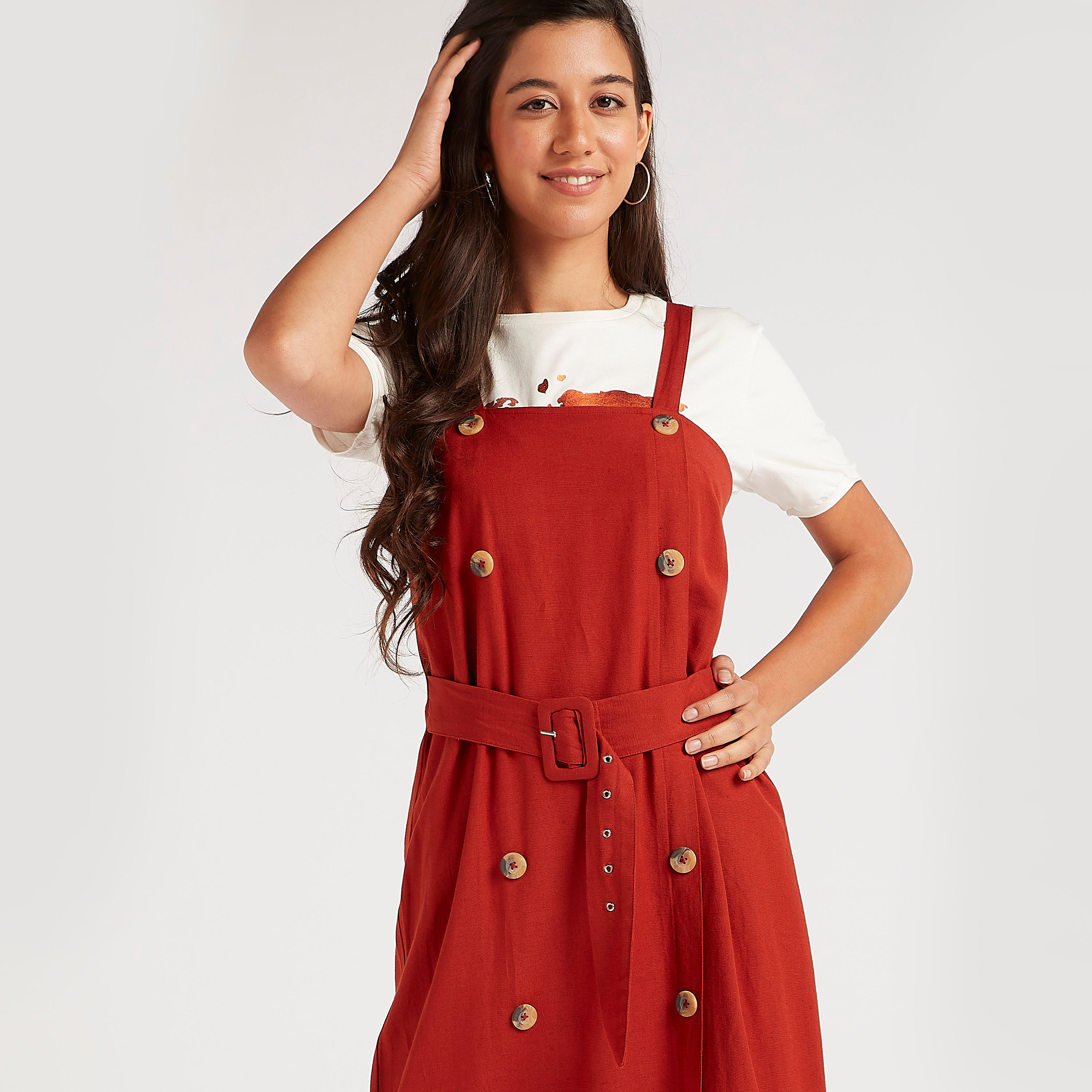 Solid Midi Dungaree Dress with Belt and Button Accent-women-clothing-dresses-image-5