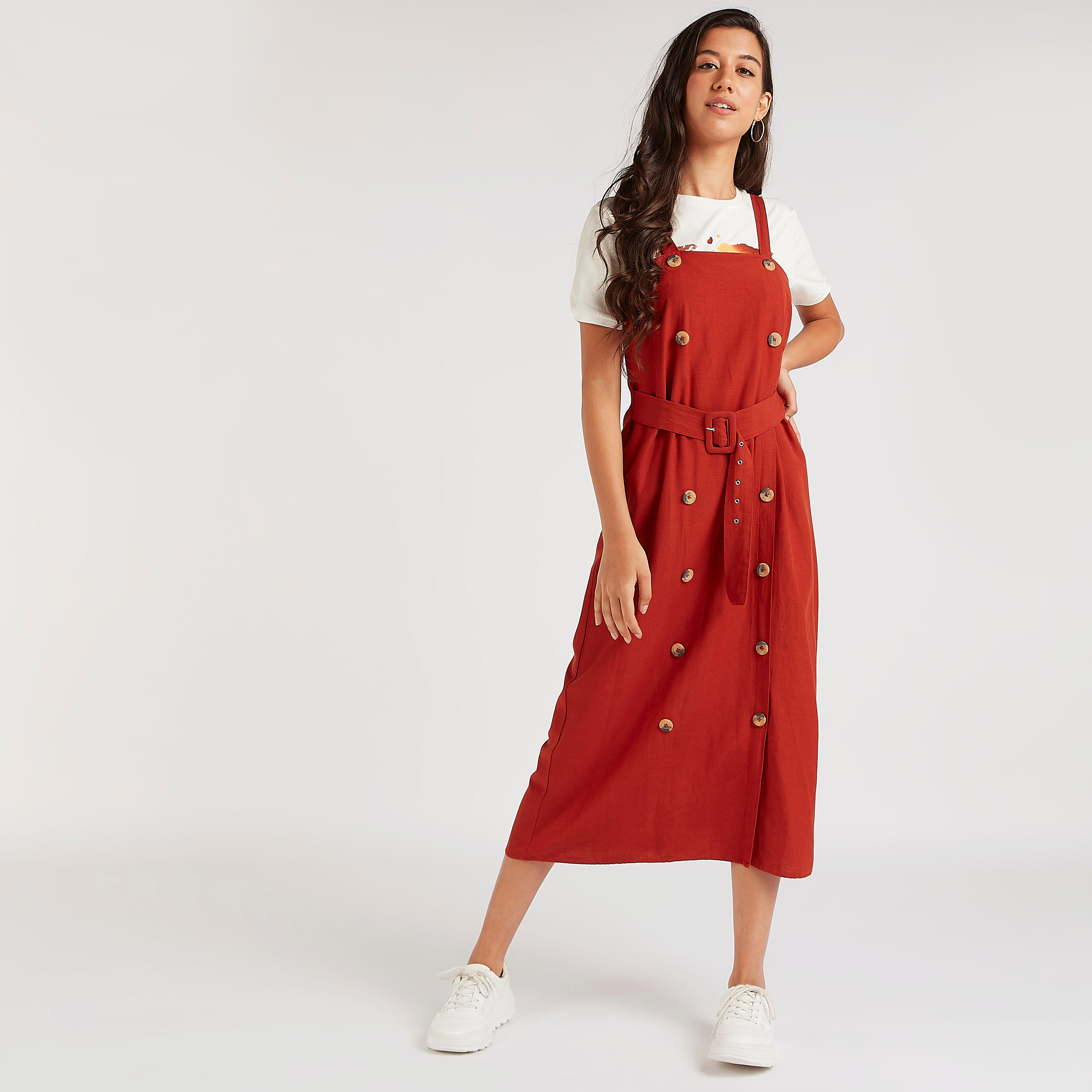 Solid Midi Dungaree Dress with Belt and Button Accent-women-clothing-dresses-image-6