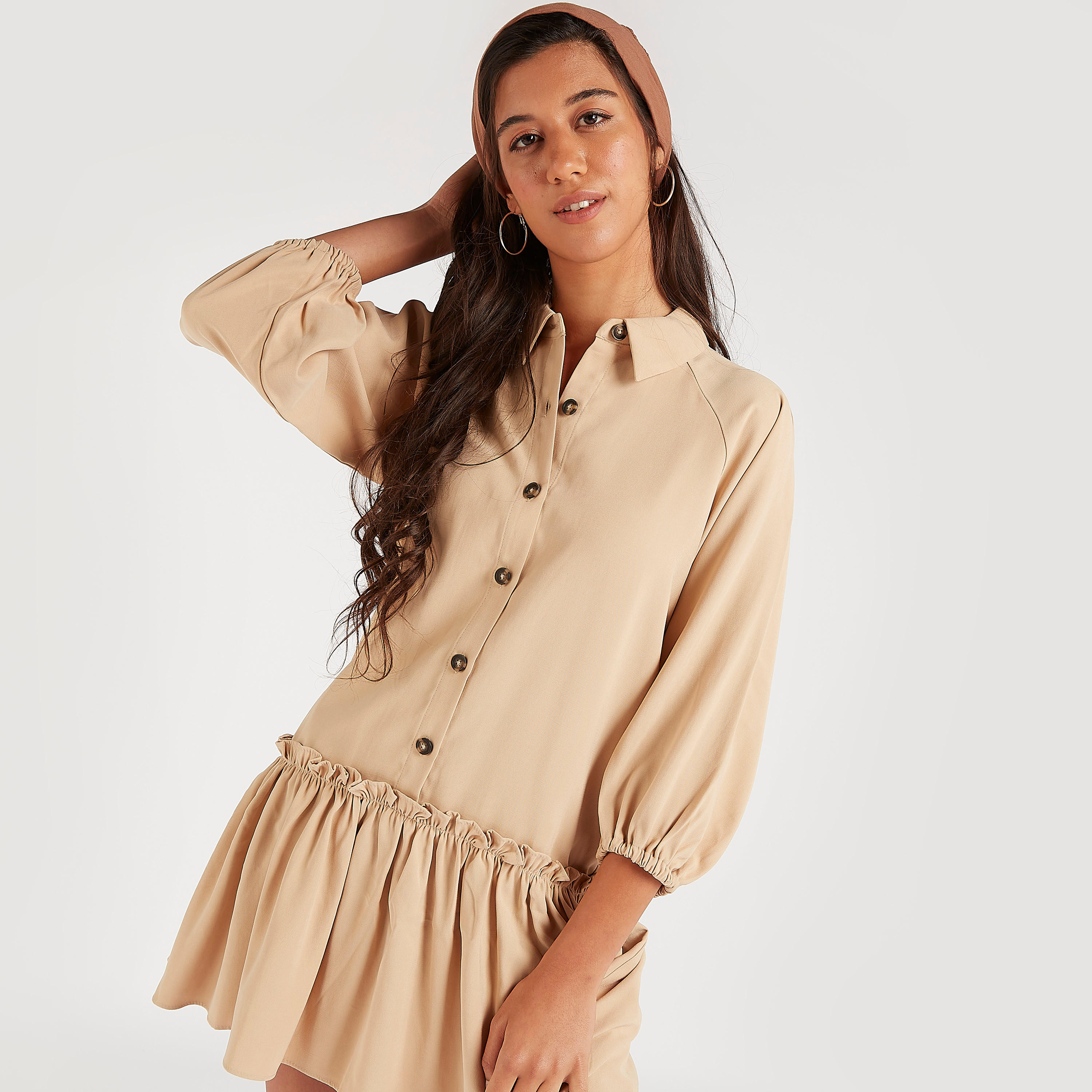 فستان سادة قصير منسدل واسع بياقة عادية وأكمام 3/4-women-clothing-dresses-image-2