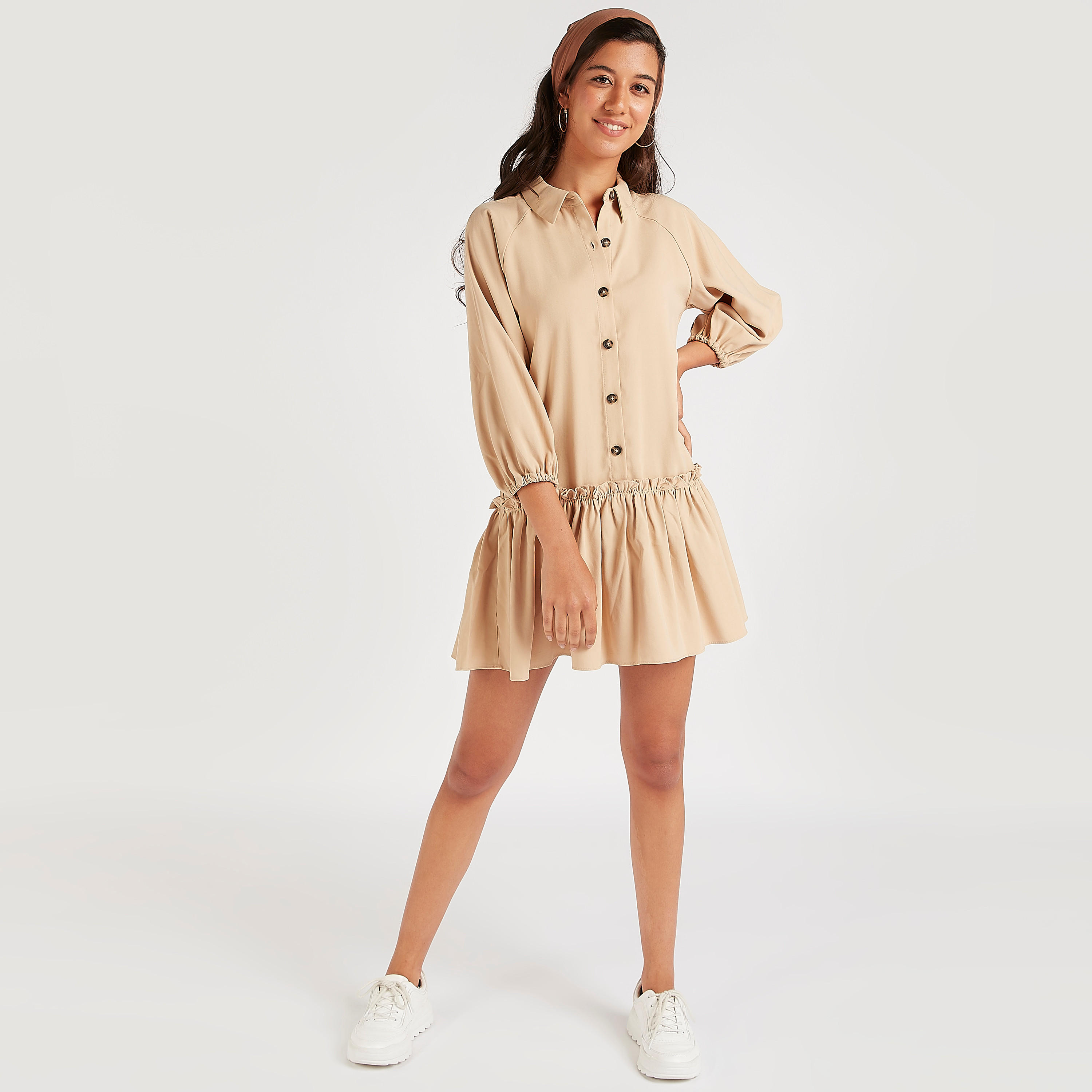 فستان سادة قصير منسدل واسع بياقة عادية وأكمام 3/4-women-clothing-dresses-image-3