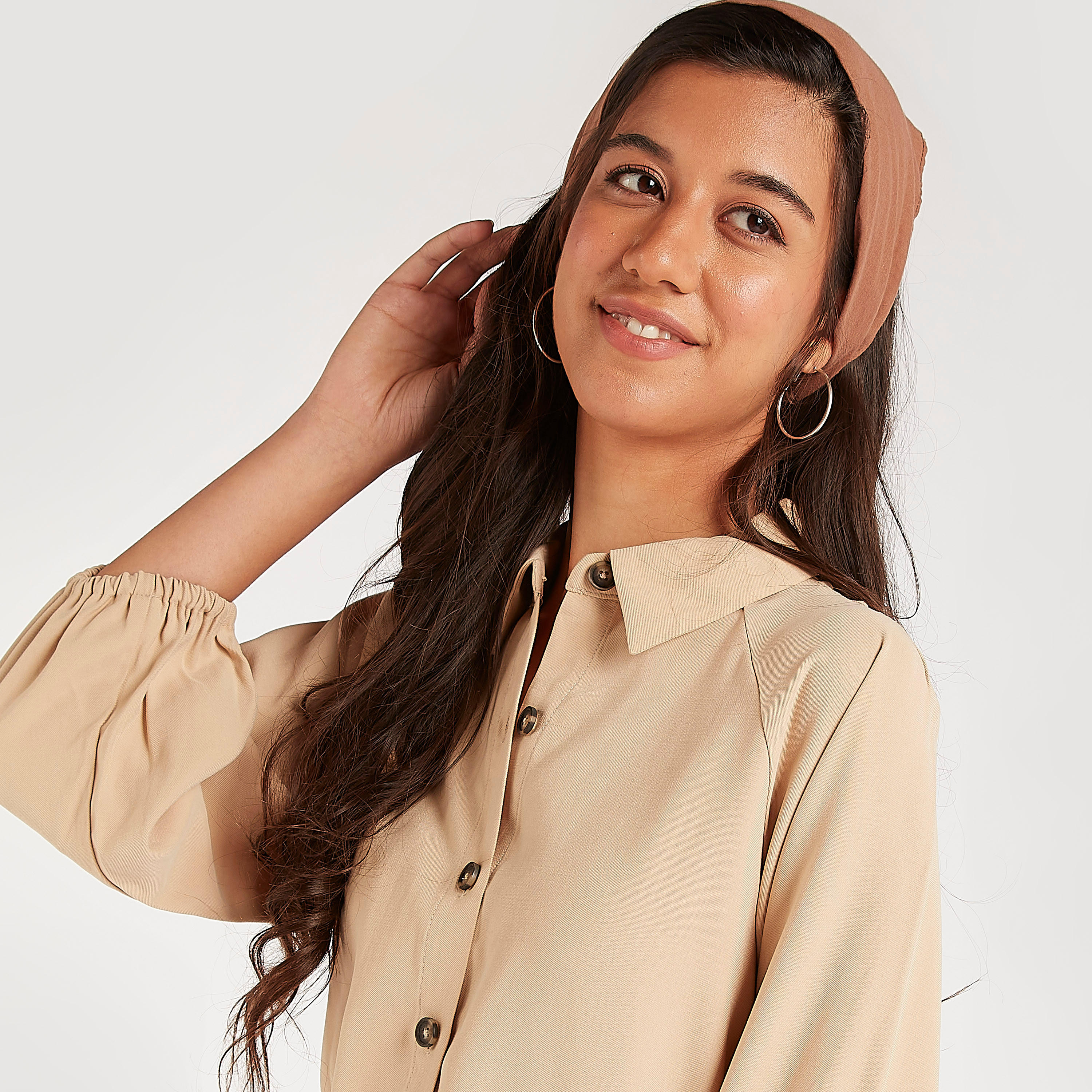 فستان سادة قصير منسدل واسع بياقة عادية وأكمام 3/4-women-clothing-dresses-image-4