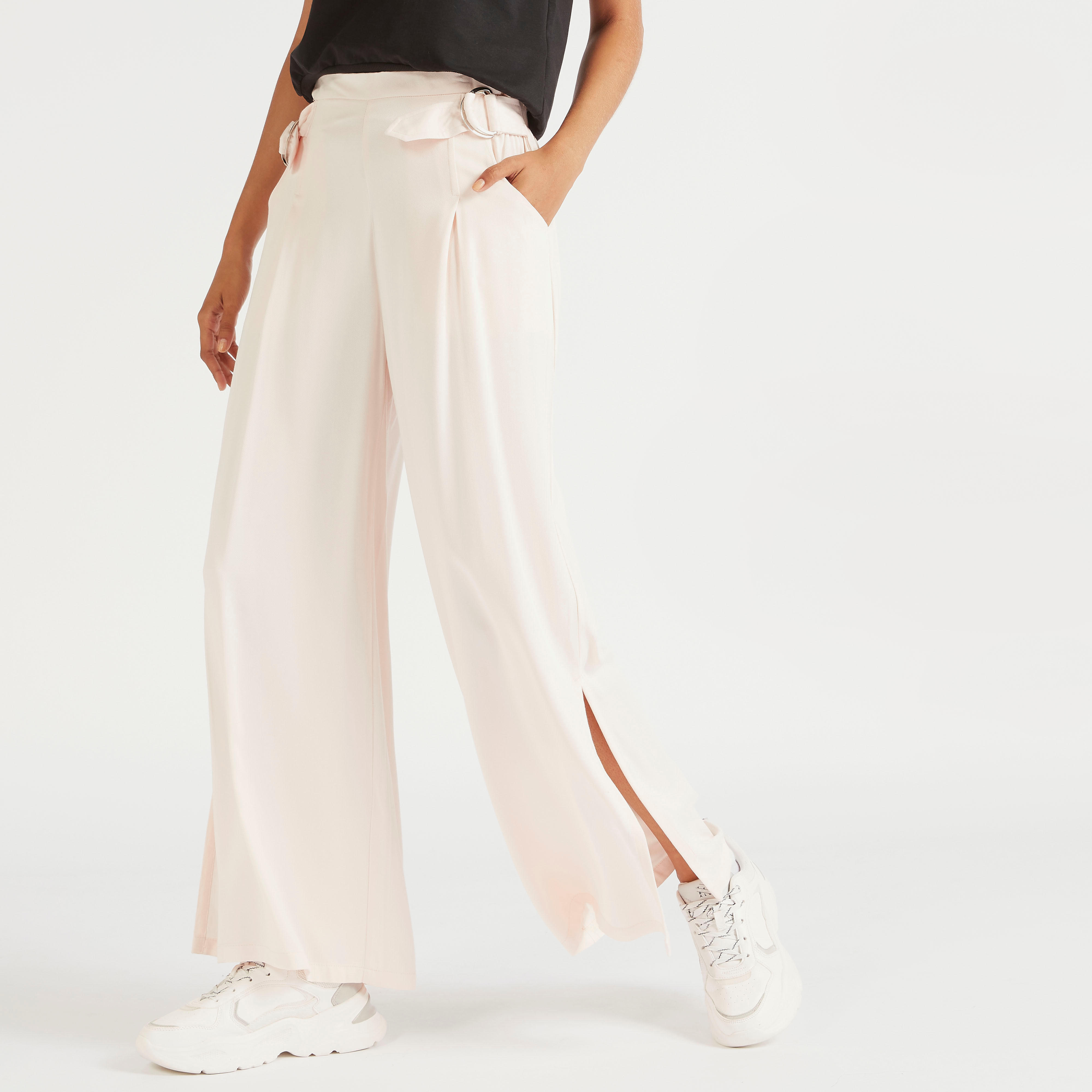 بنطلون بالازو سادة بخصر مرتفع وجيوب-women-clothing-bottoms-trousers-image-5