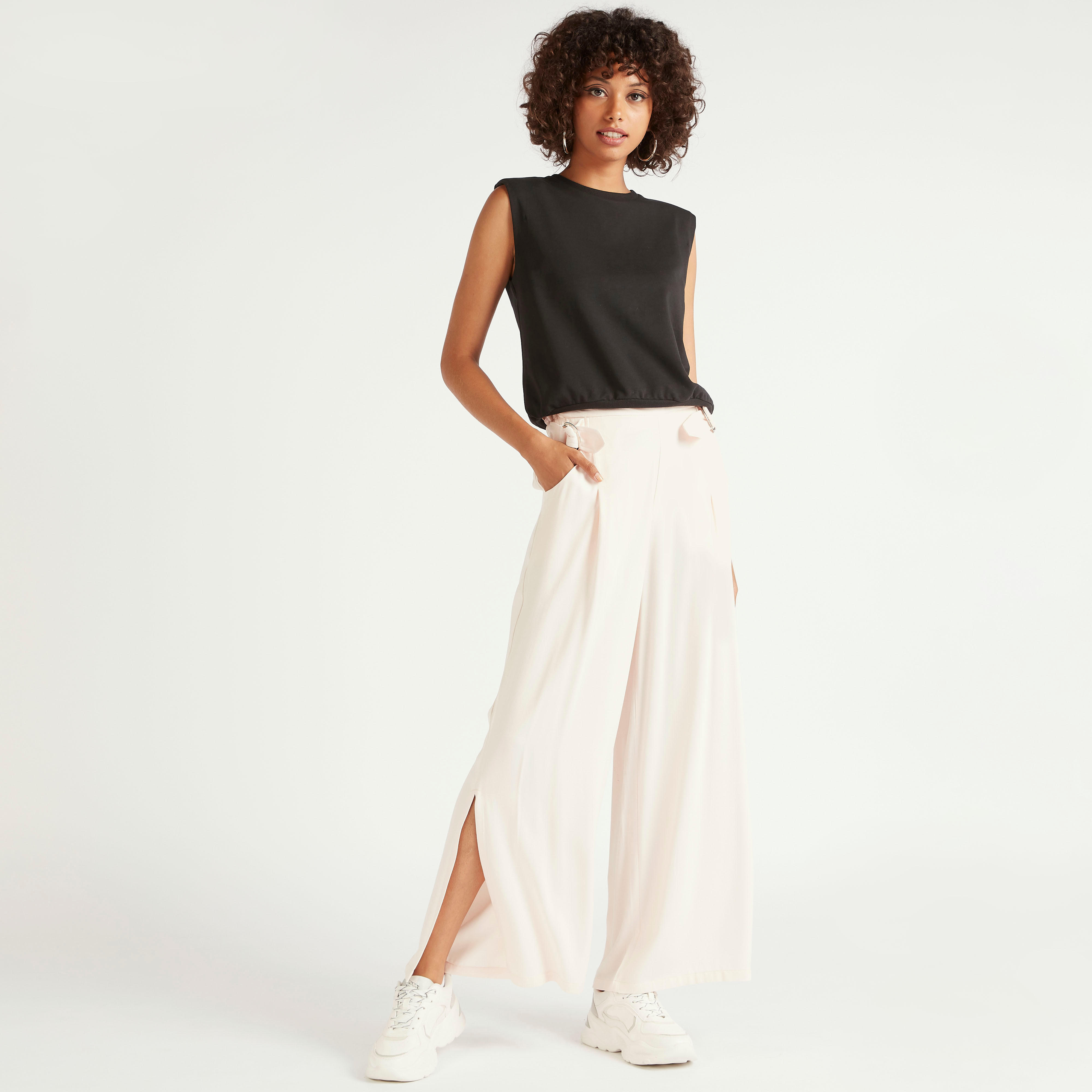 بنطلون بالازو سادة بخصر مرتفع وجيوب-women-clothing-bottoms-trousers-image-4