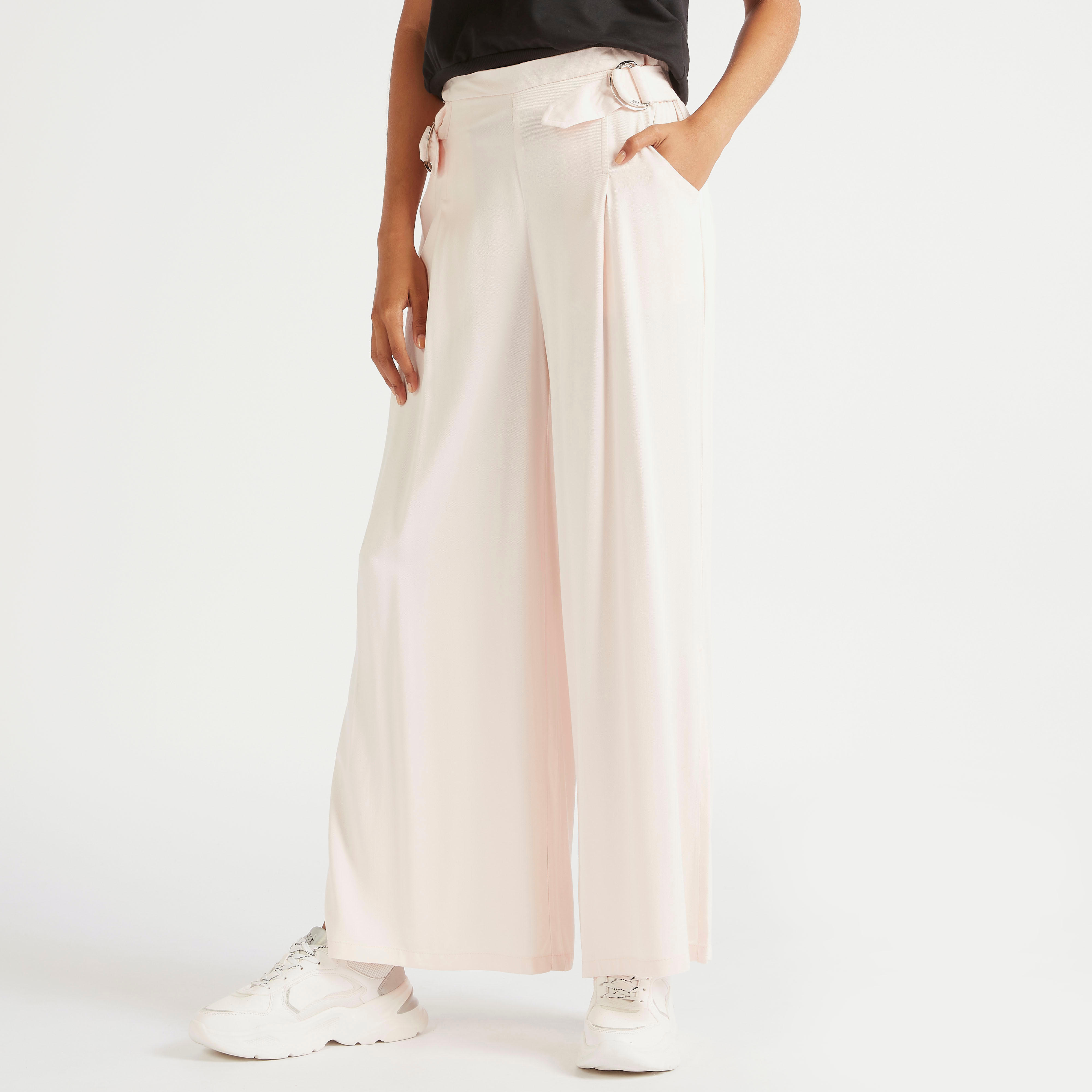 بنطلون بالازو سادة بخصر مرتفع وجيوب-women-clothing-bottoms-trousers-image-1