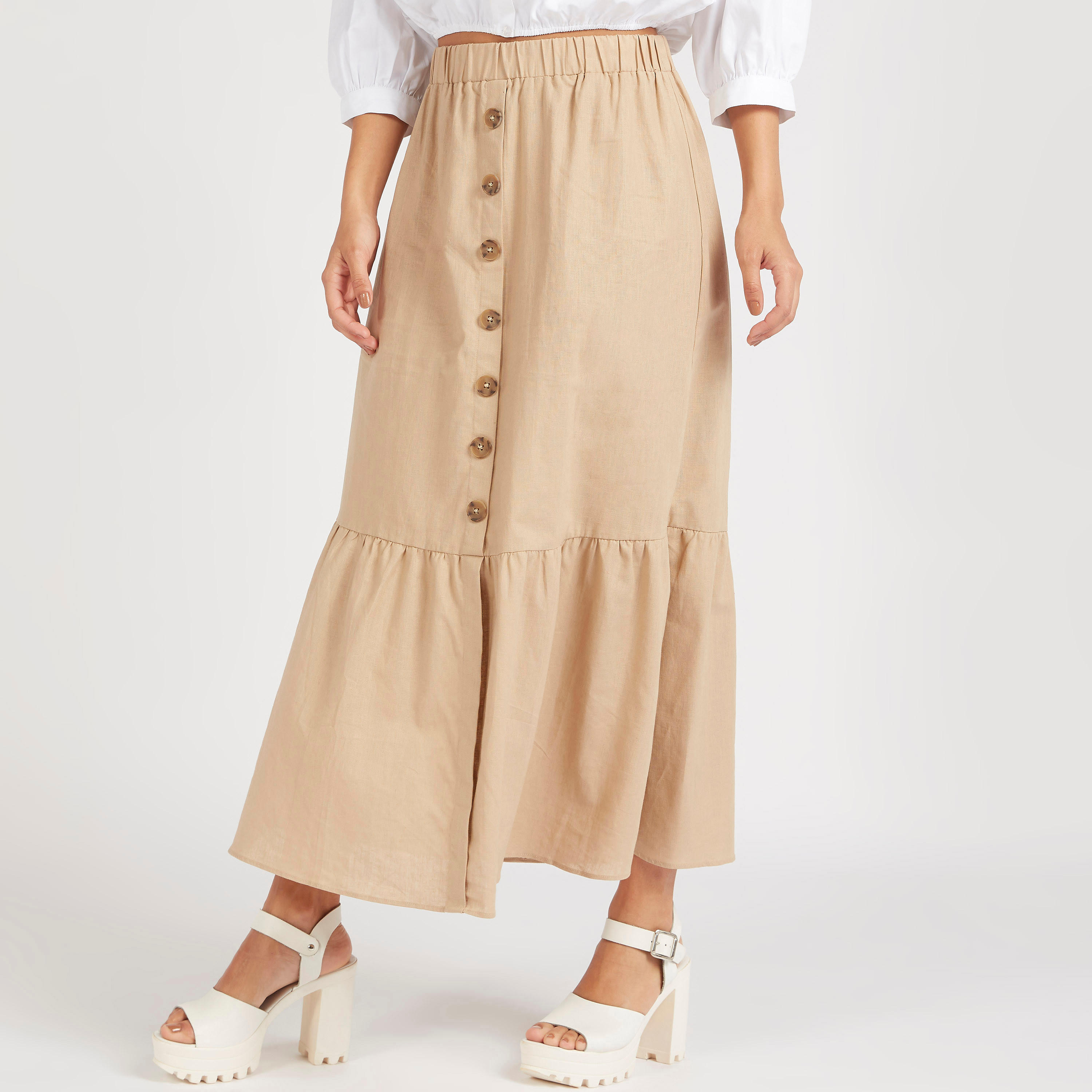 تنّورة إيه لاين طويلة سادة بخصر مطّاطي وتزيينات أزهار-women-clothing-bottoms-skirts-image-4
