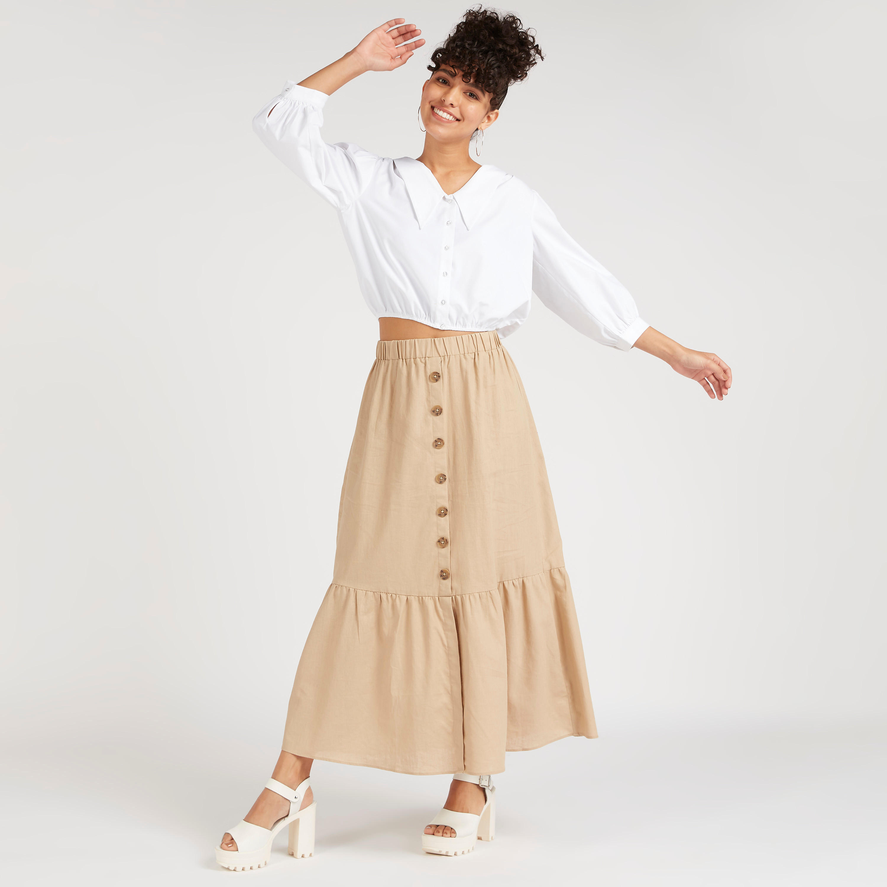تنّورة إيه لاين طويلة سادة بخصر مطّاطي وتزيينات أزهار-women-clothing-bottoms-skirts-image-3