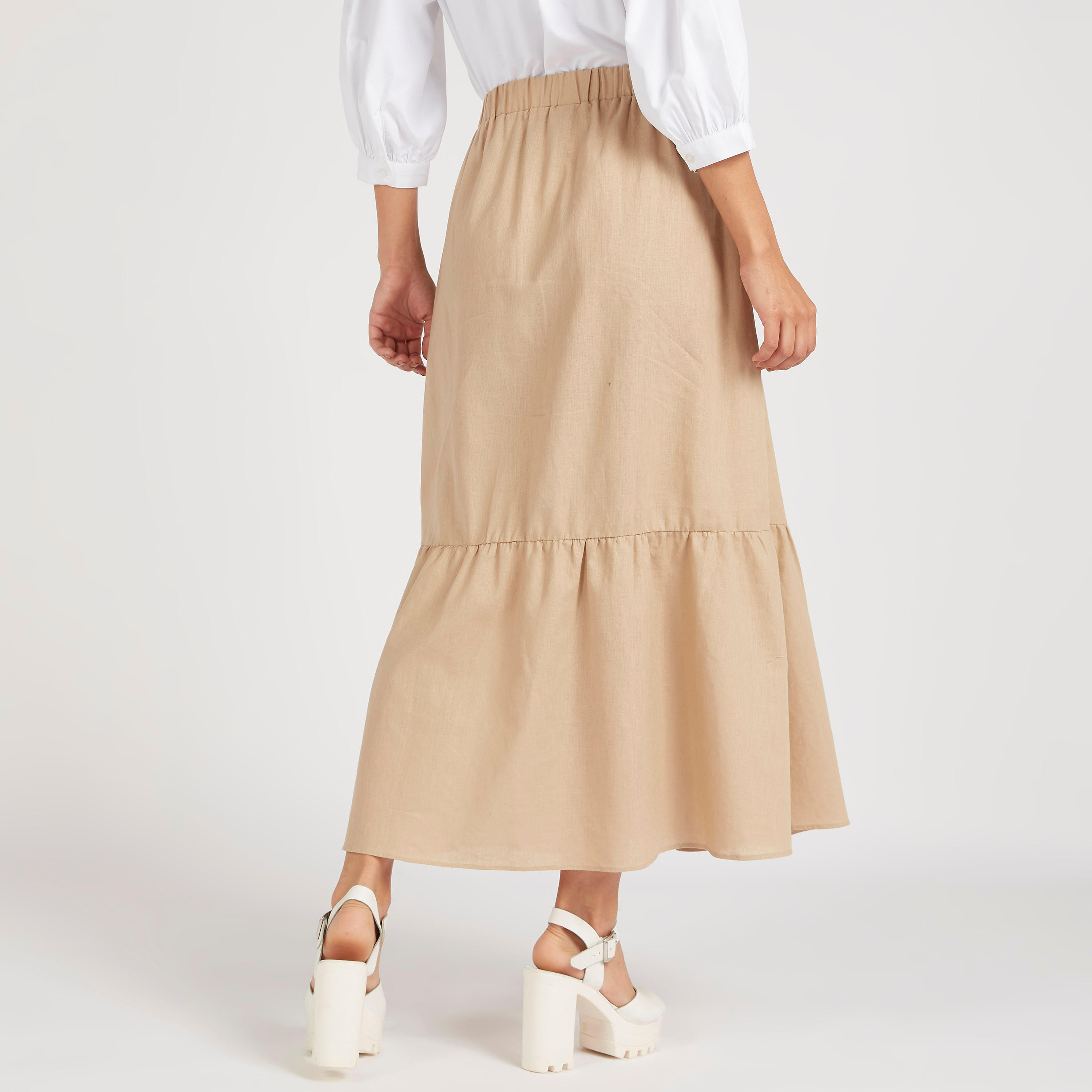 تنّورة إيه لاين طويلة سادة بخصر مطّاطي وتزيينات أزهار-women-clothing-bottoms-skirts-image-1