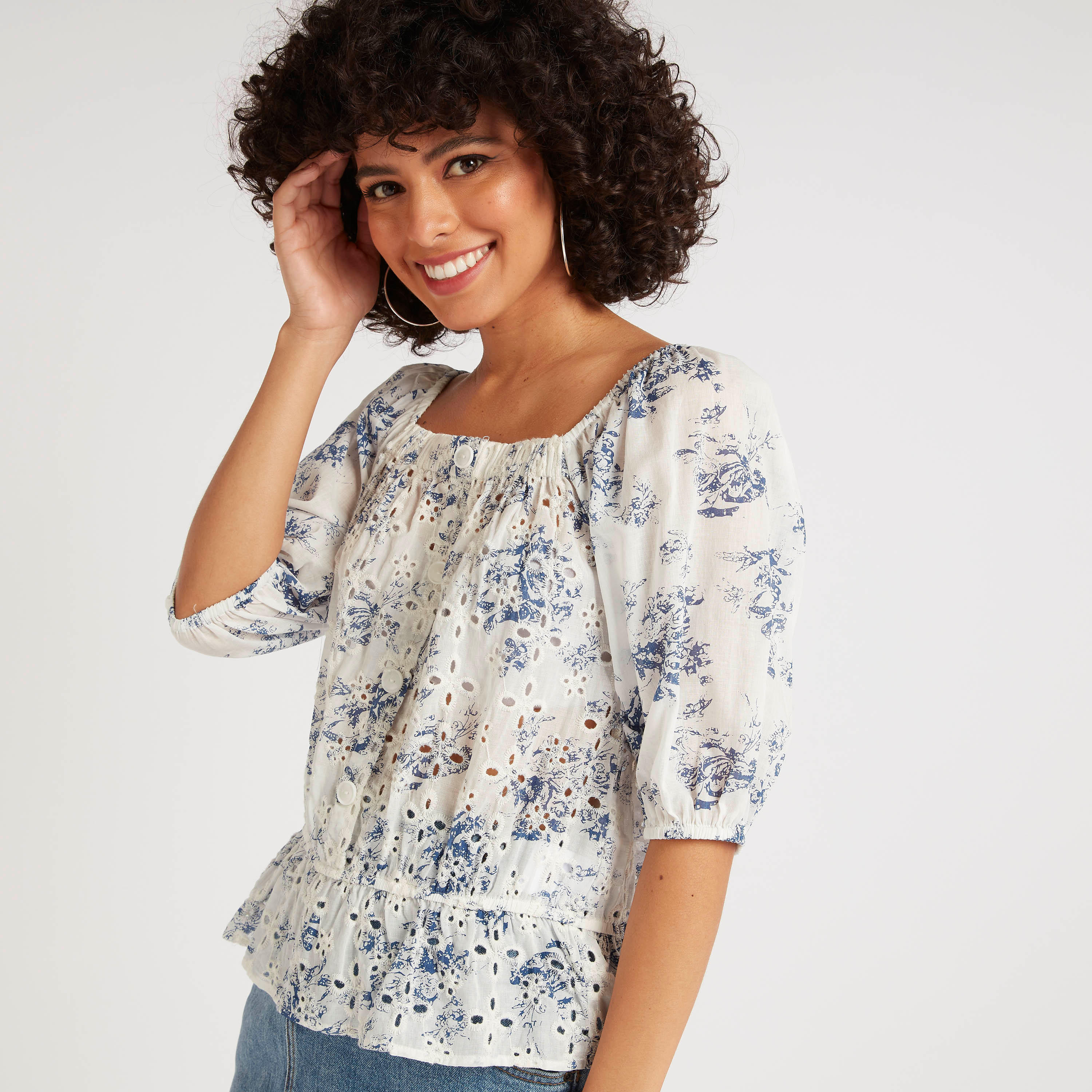 Embroidered Top with Short Sleeves and Elasticated Neck-women-clothing-shirtsandblouses-blouses-image-1