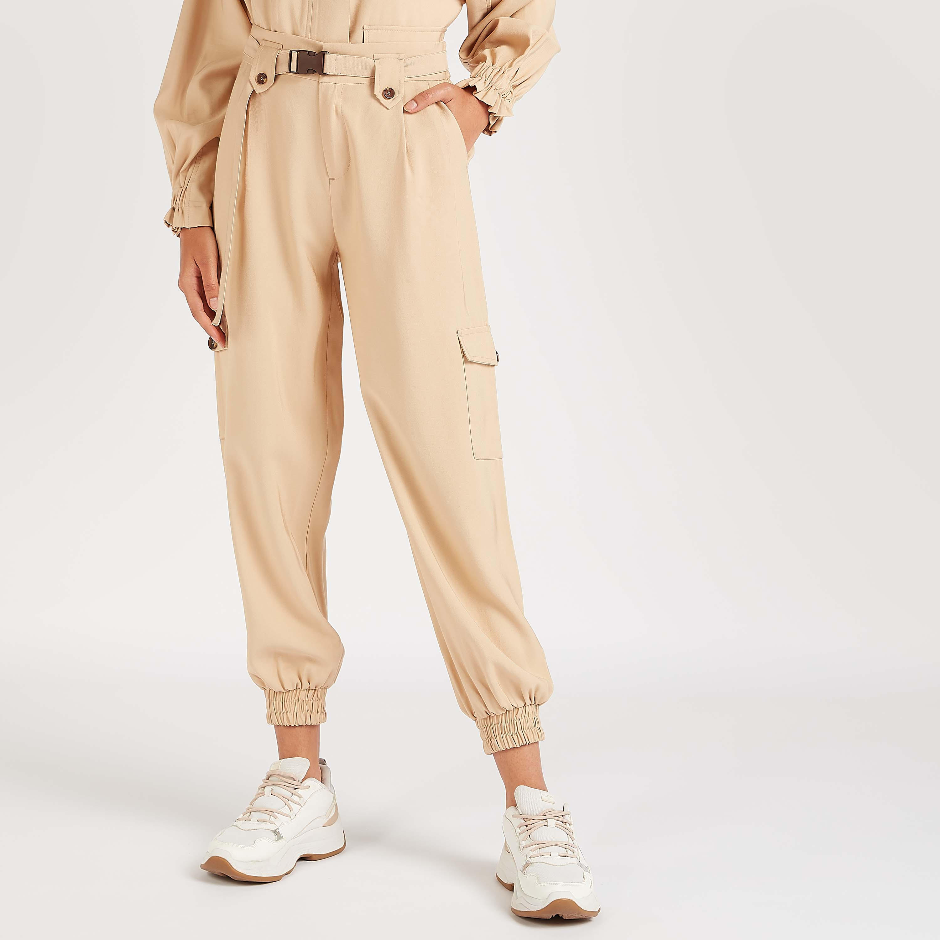 Solid High-Rise Cargo Pants with Belt and Pockets-women-clothing-bottoms-joggers-image-1