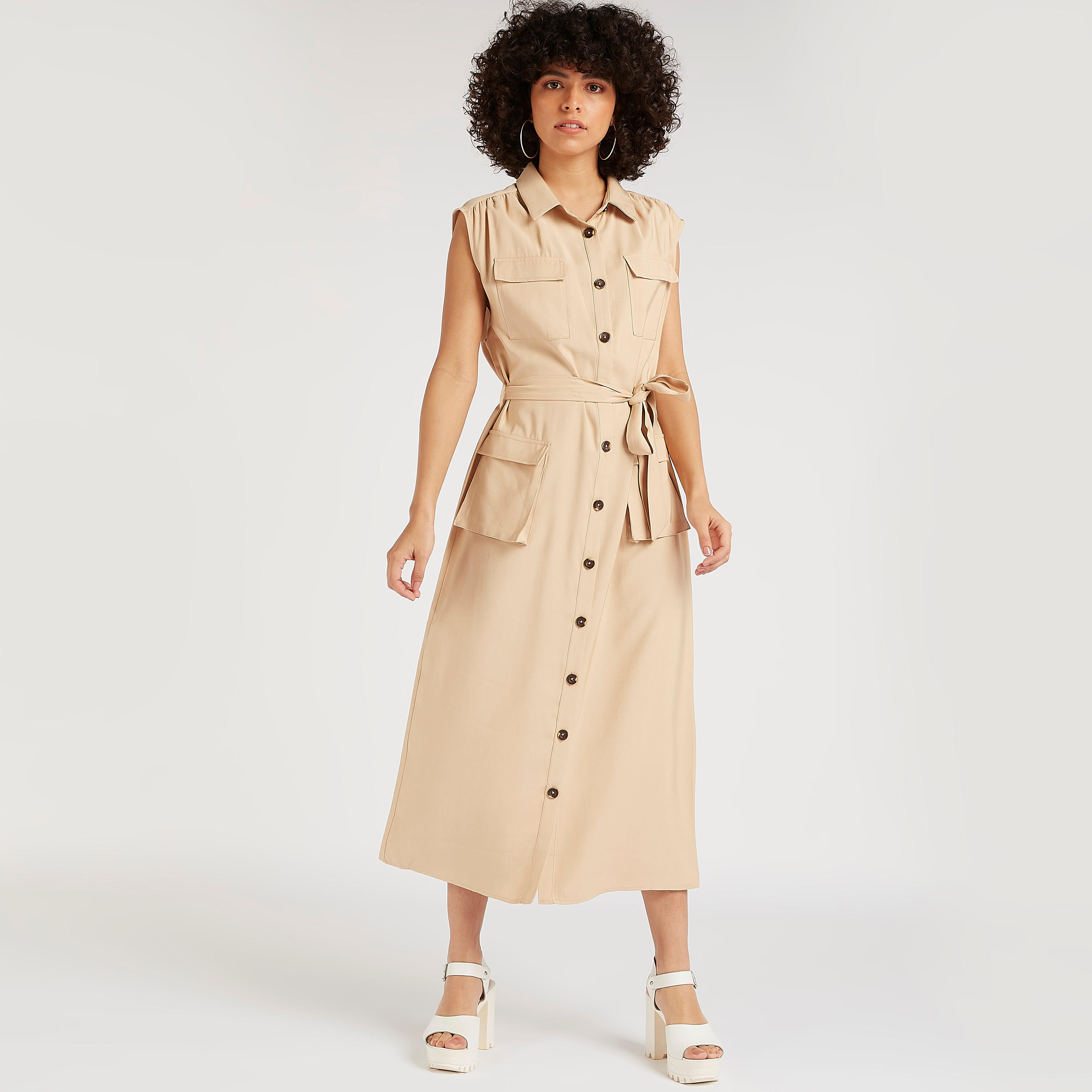 فستان قميص ميدي سادة دون أكمام بحزام رباط وجيوب بطيّة-women-clothing-dresses-image-1