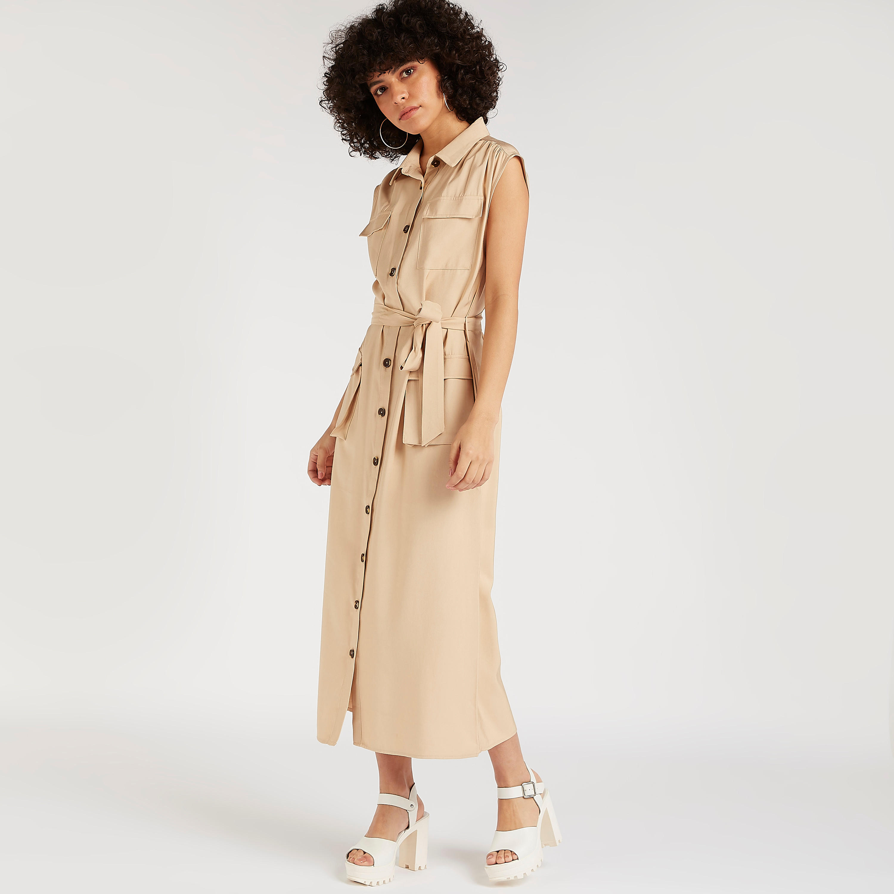 فستان قميص ميدي سادة دون أكمام بحزام رباط وجيوب بطيّة-women-clothing-dresses-image-2