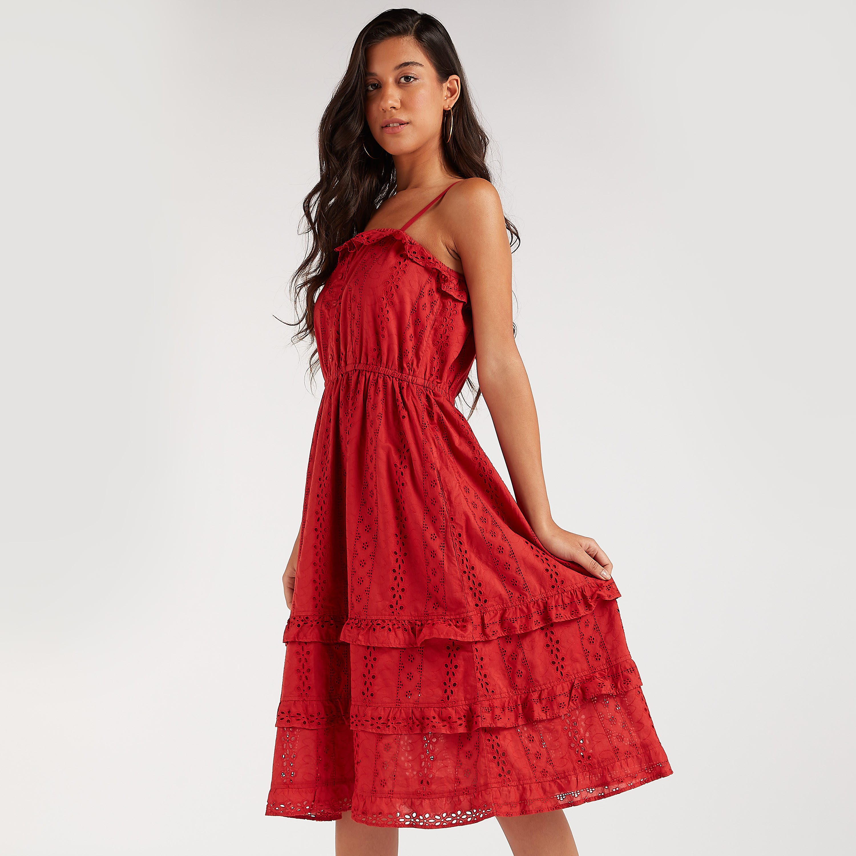 فستان ميدي إيه لاين بتفاصيل كشكشة وأكمام قصيرة-women-clothing-dresses-image-2
