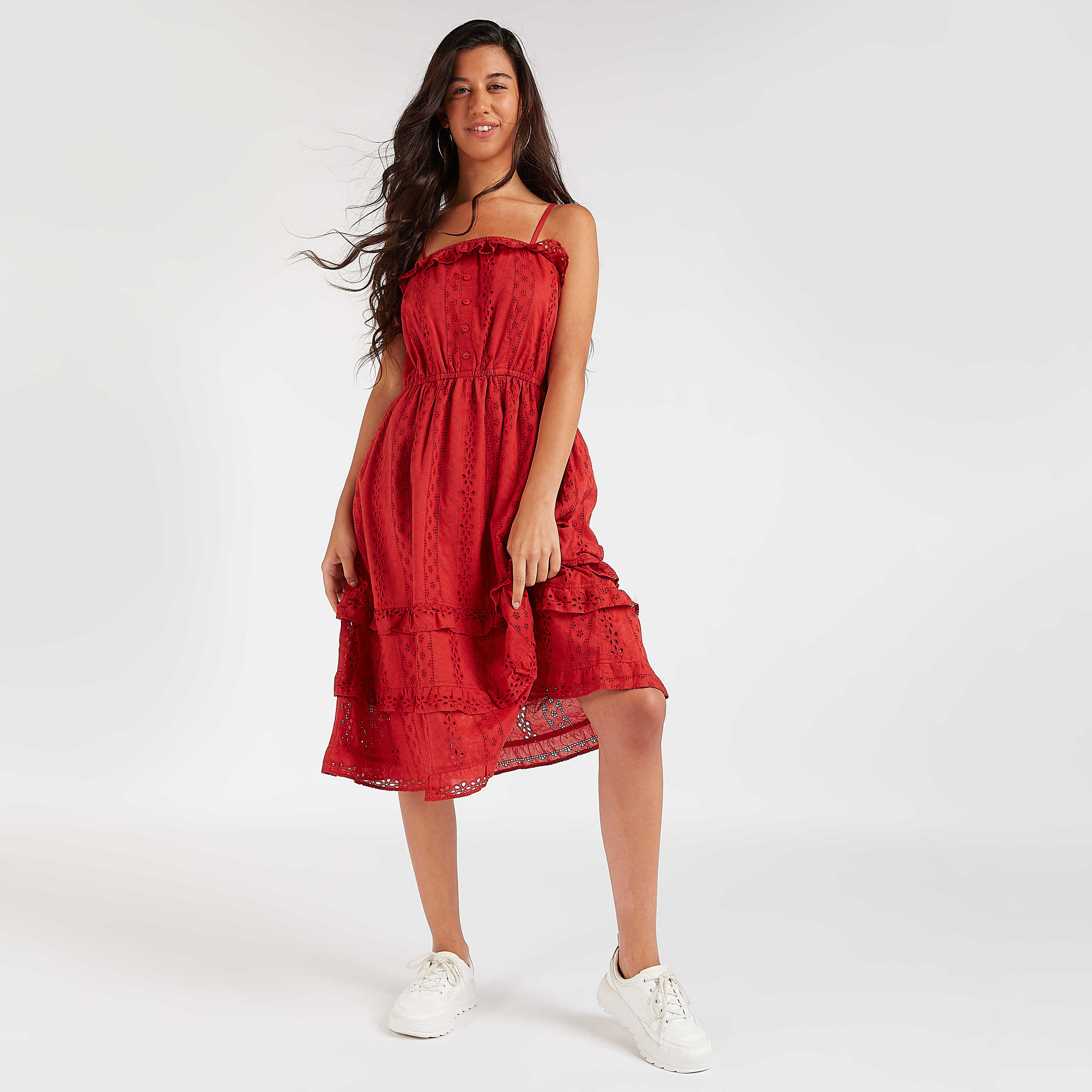 فستان ميدي إيه لاين بتفاصيل كشكشة وأكمام قصيرة-women-clothing-dresses-image-3