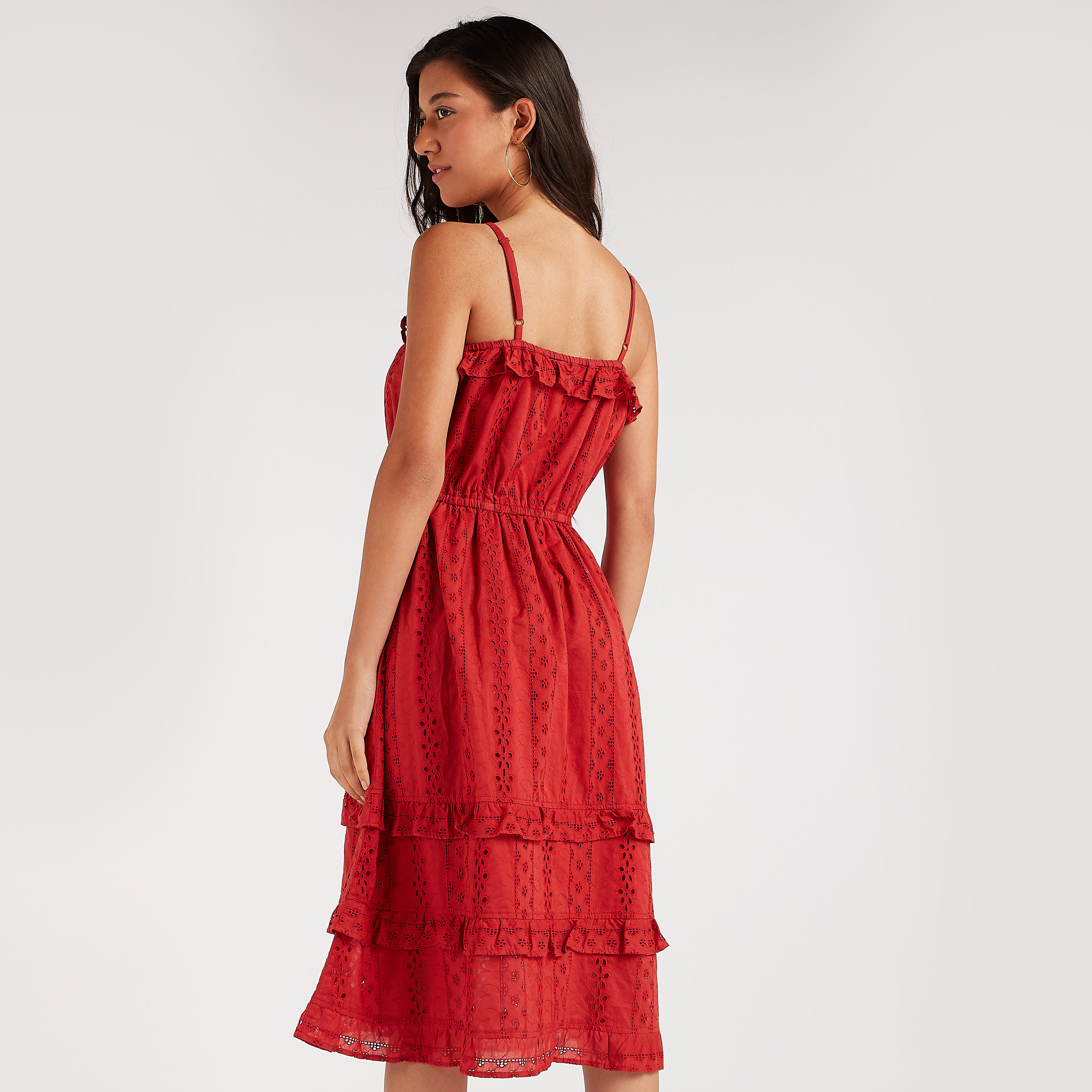 فستان ميدي إيه لاين بتفاصيل كشكشة وأكمام قصيرة-women-clothing-dresses-image-5