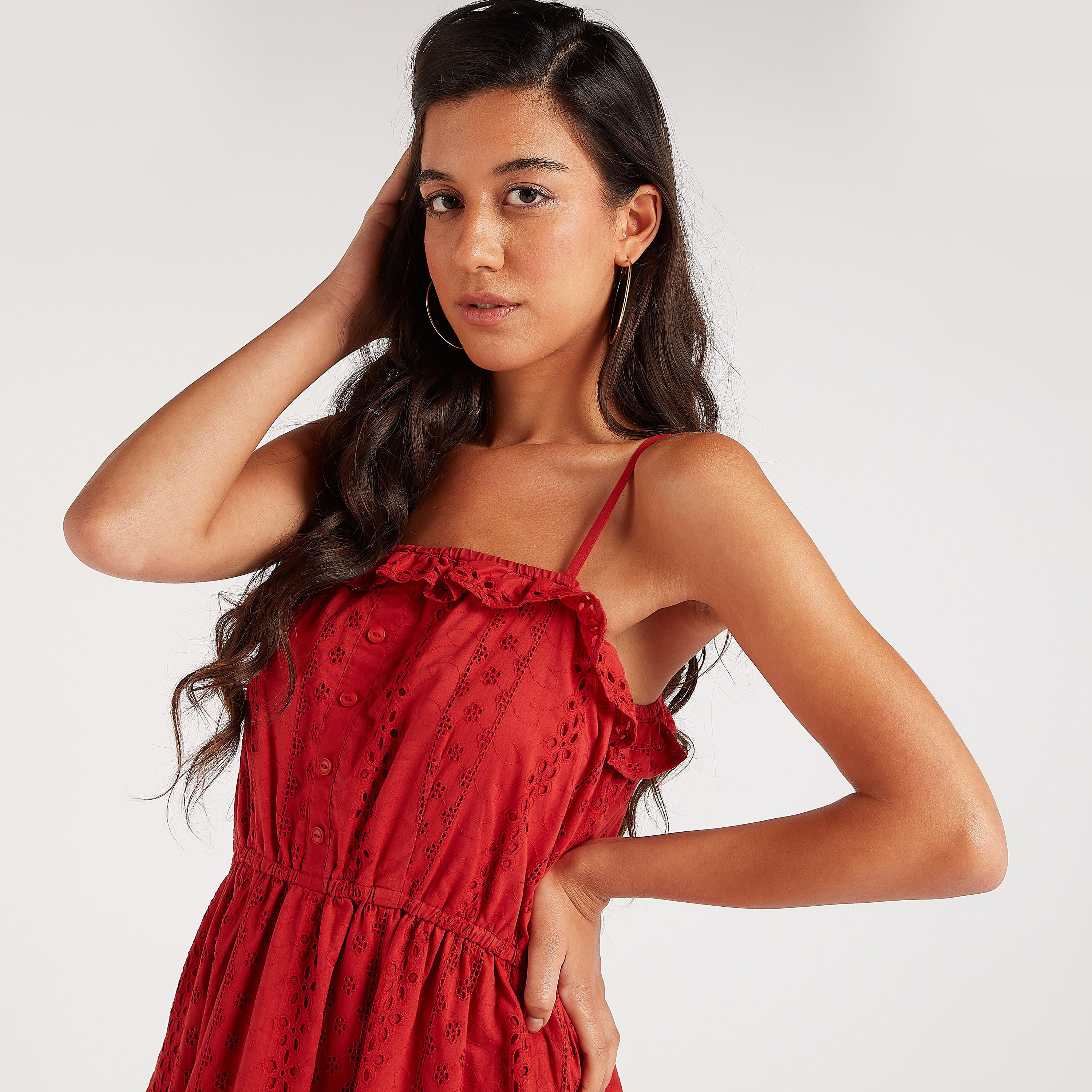 فستان ميدي إيه لاين بتفاصيل كشكشة وأكمام قصيرة-women-clothing-dresses-image-6