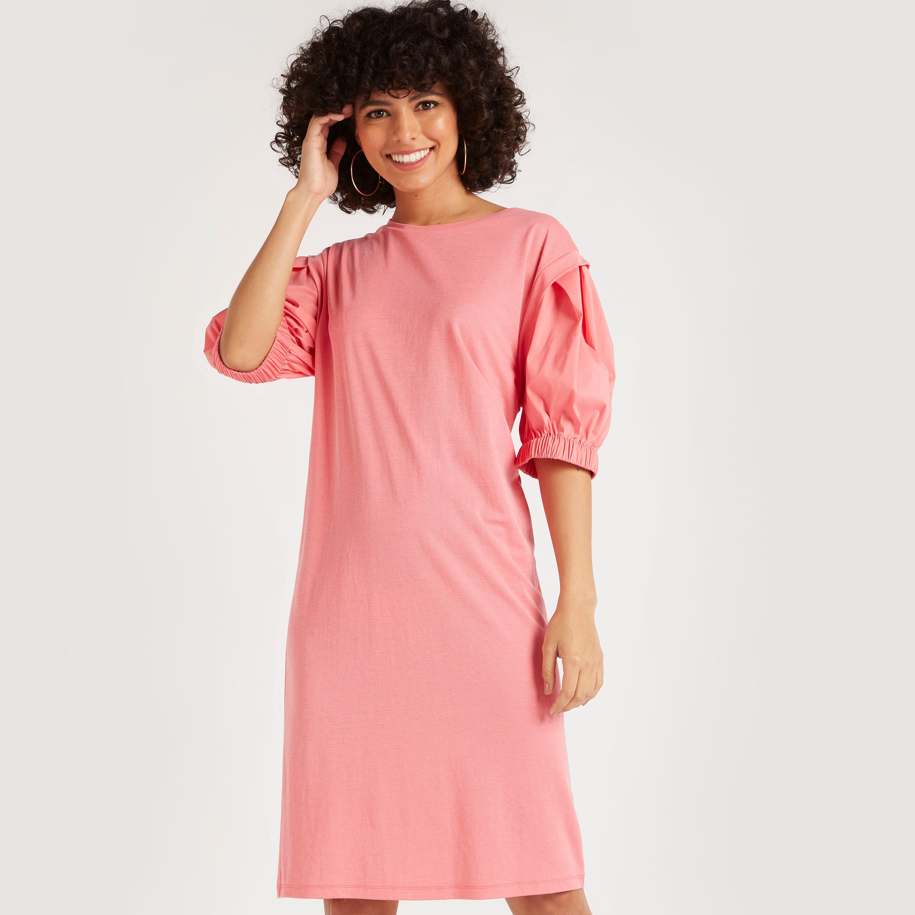 فستان واسع ميدي سادة بياقة مستديرة وأكمام منفوخة-women-clothing-dresses-image-1