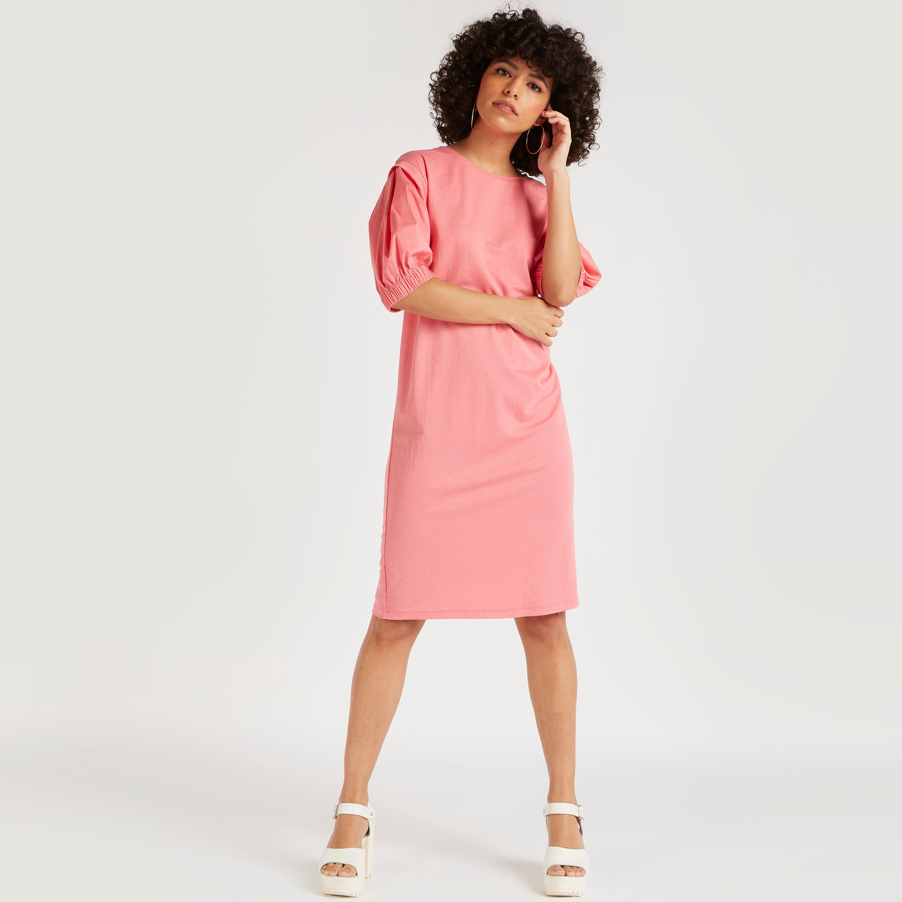 فستان واسع ميدي سادة بياقة مستديرة وأكمام منفوخة-women-clothing-dresses-image-2