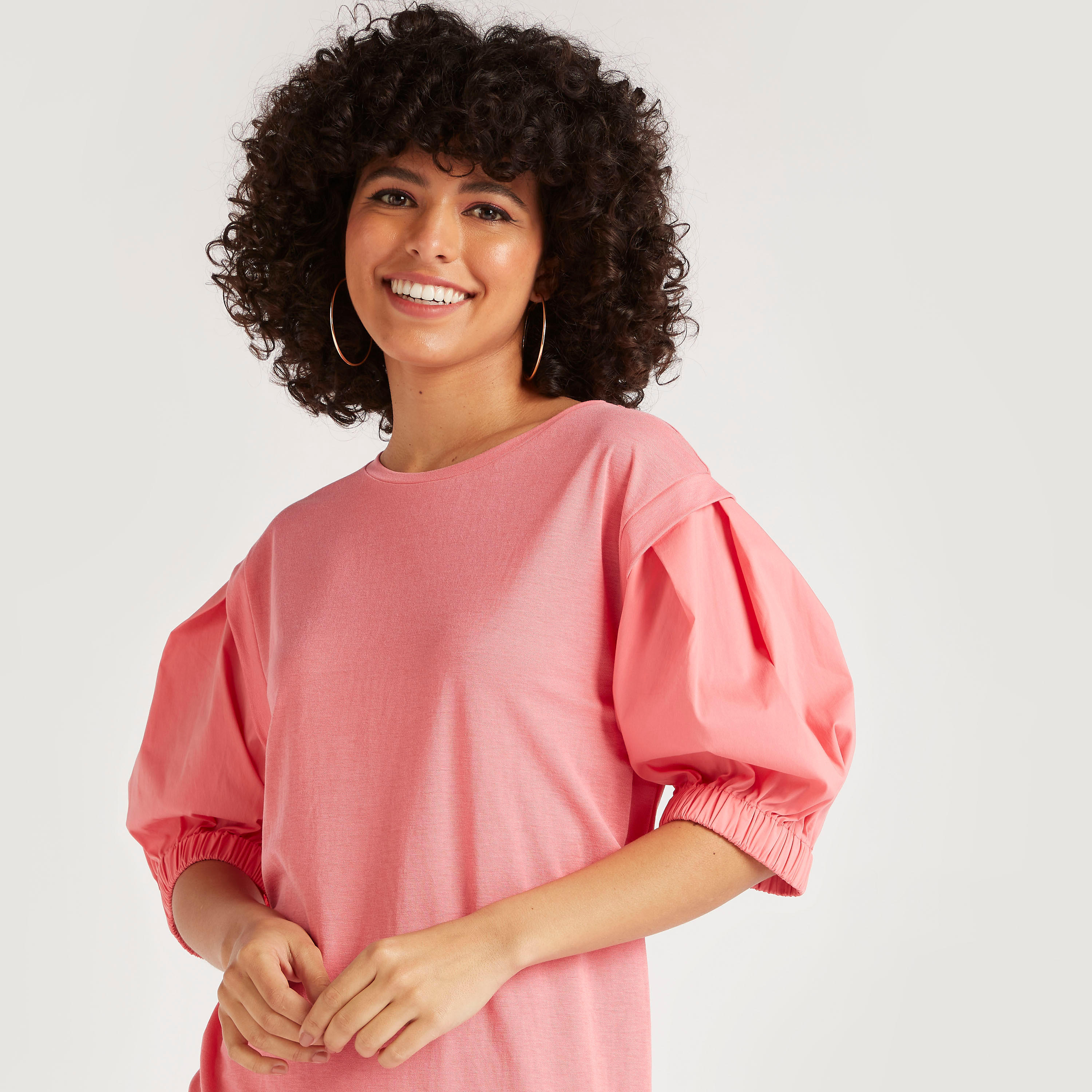 فستان واسع ميدي سادة بياقة مستديرة وأكمام منفوخة-women-clothing-dresses-image-3