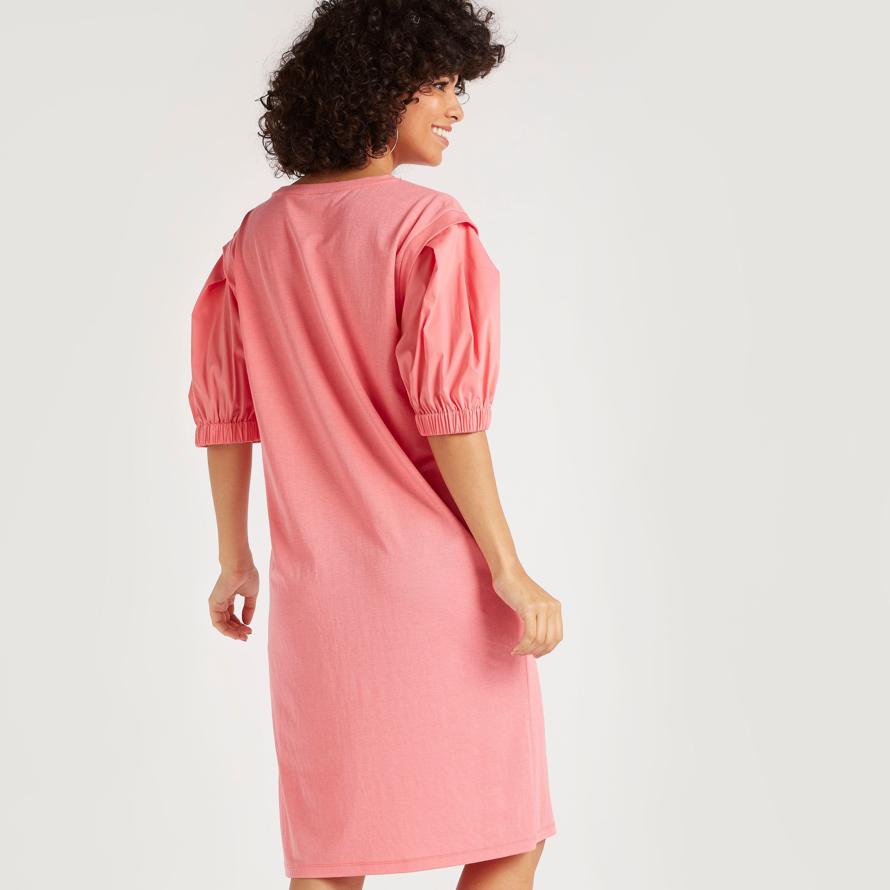 فستان واسع ميدي سادة بياقة مستديرة وأكمام منفوخة-women-clothing-dresses-image-4