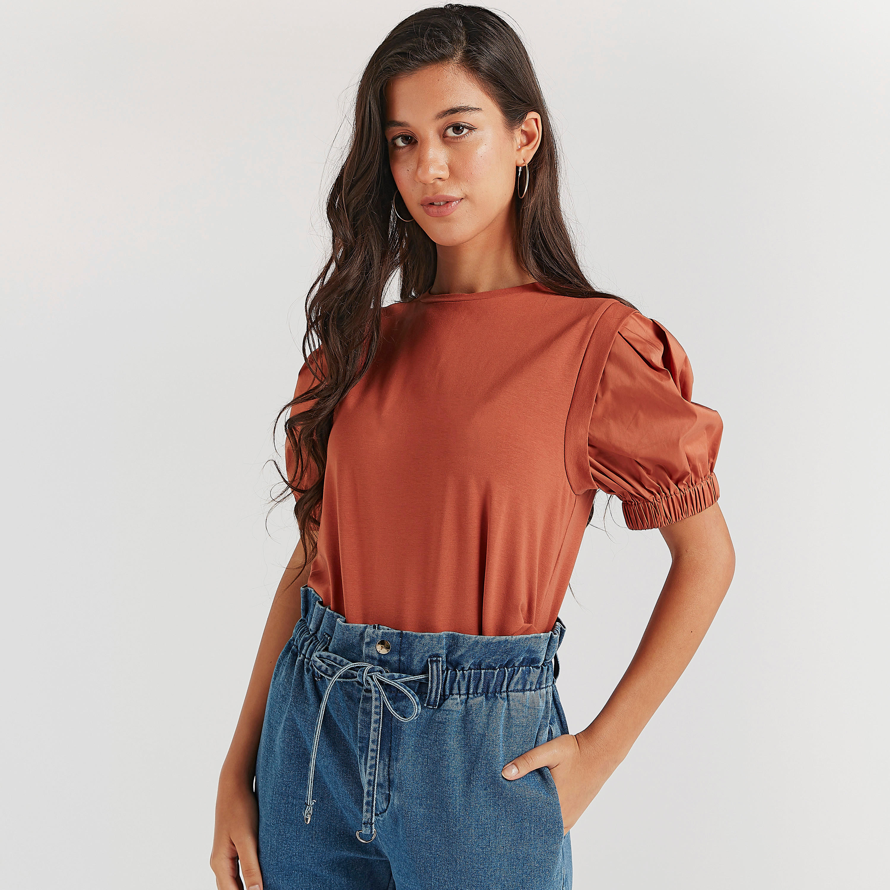 Solid Top with Crew Neck and Puff Sleeves-women-clothing-shirtsandblouses-blouses-image-1