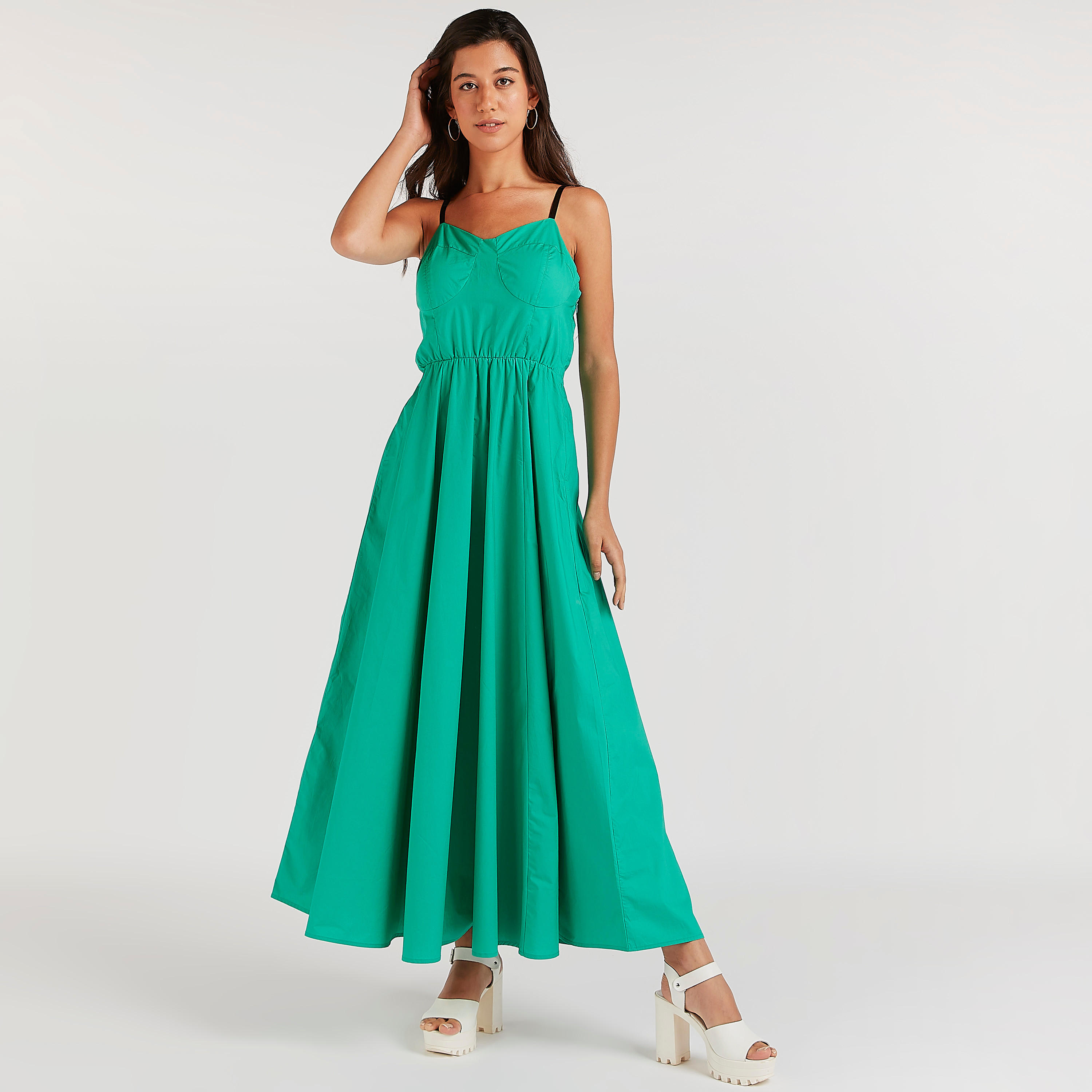 Solid Maxi A-line Cotton Dress with Adjustable Shoulder Straps-women-clothing-dresses-image-1