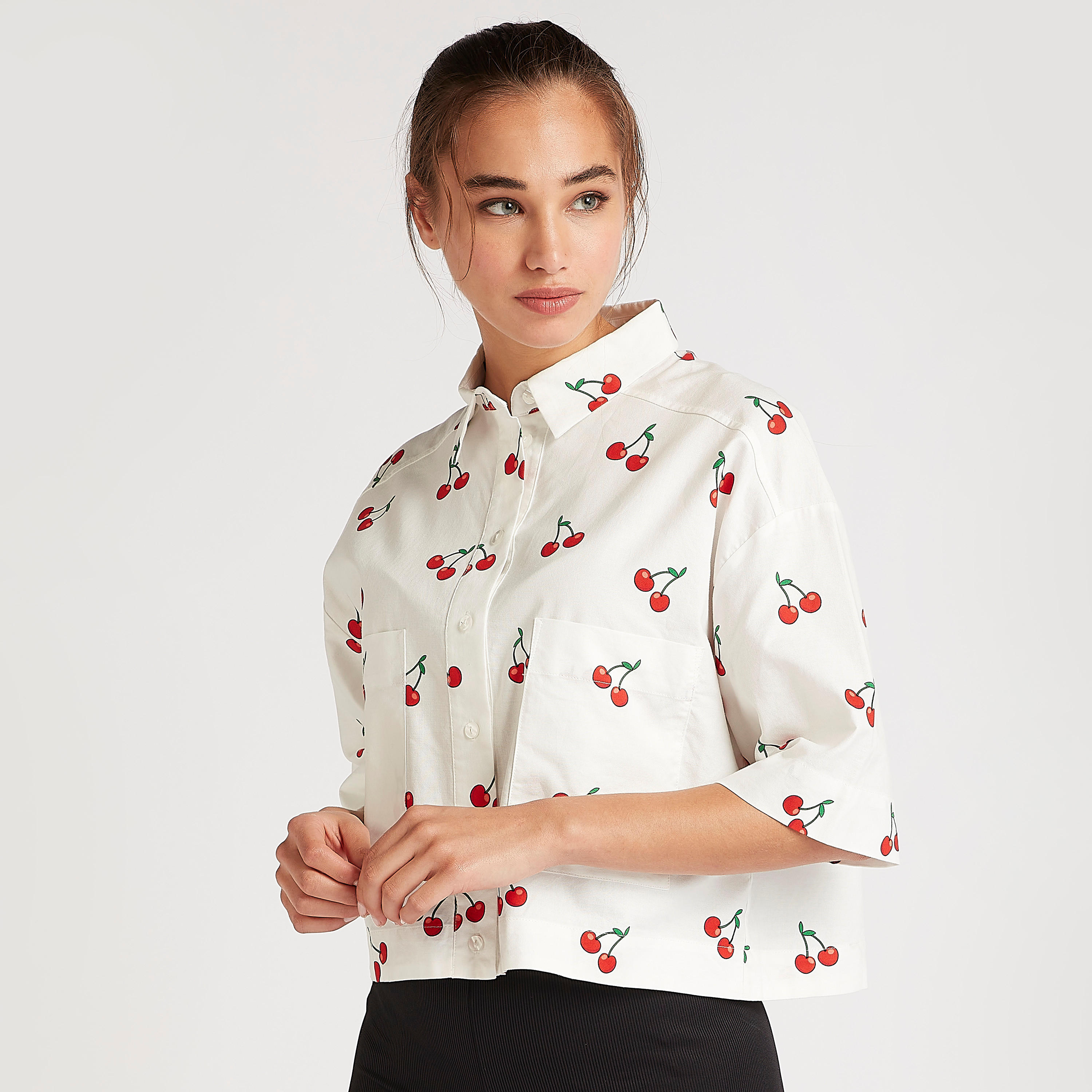 Printed Crop Shirt with Collar and 3/4 Sleeves-women-clothing-shirtsandblouses-shirts-image-1