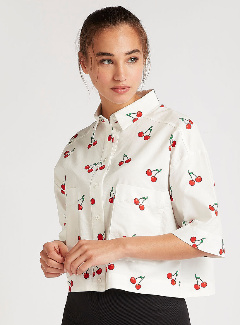 Printed Crop Shirt with Collar and 3/4 Sleeves-women-clothing-shirtsandblouses-shirts-image-1