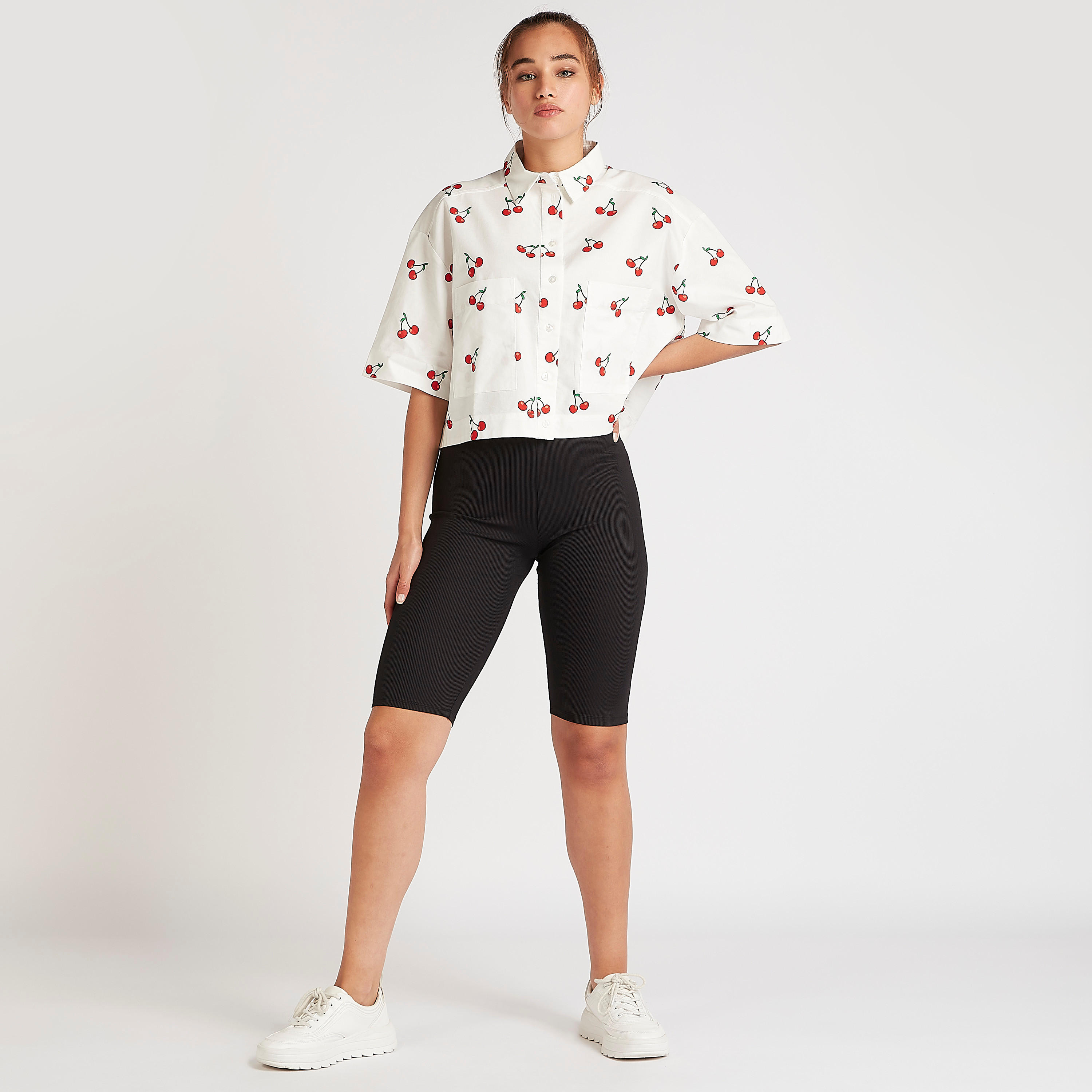 Printed Crop Shirt with Collar and 3/4 Sleeves-women-clothing-shirtsandblouses-shirts-image-2