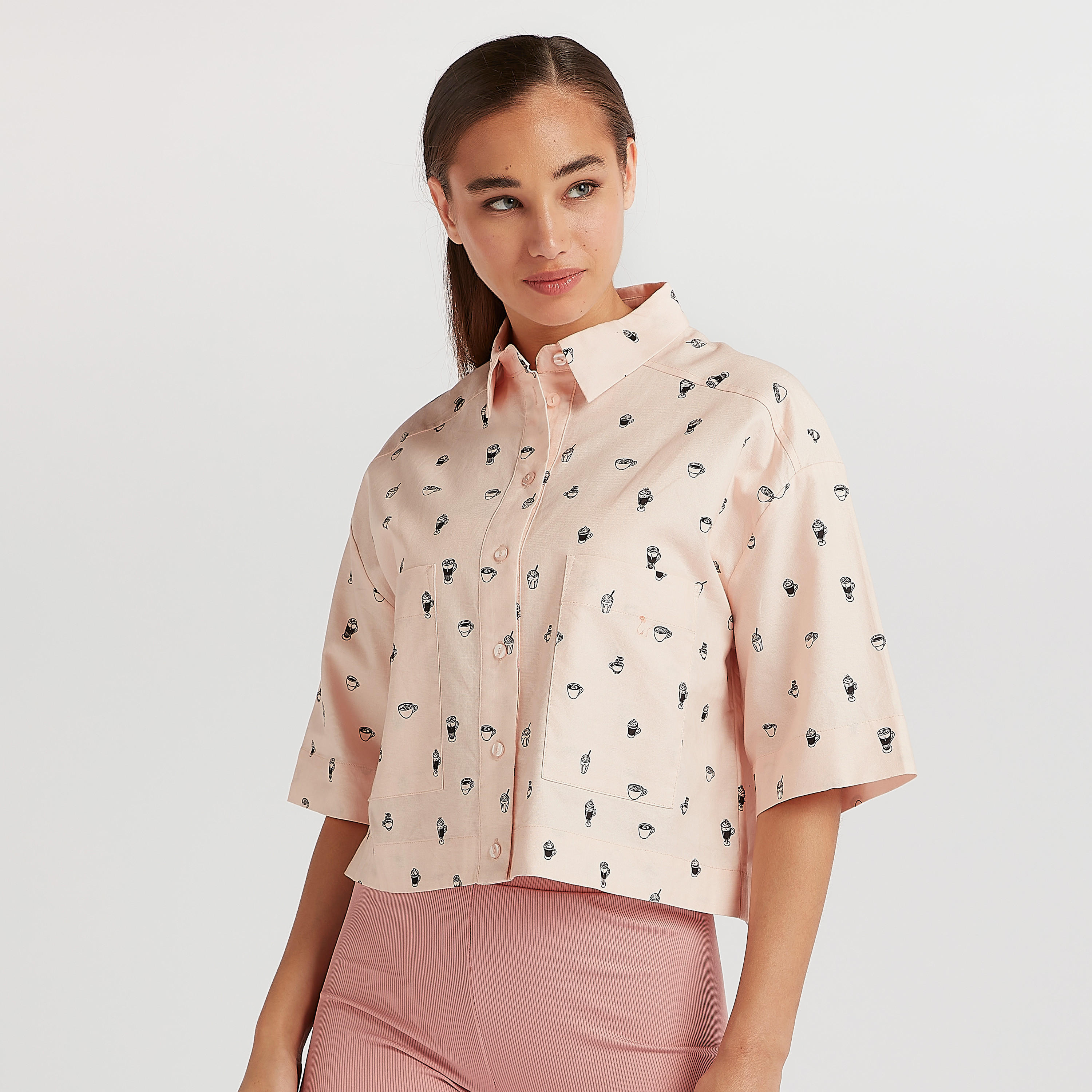 Printed Crop Shirt with Collar and 3/4 Sleeves-women-clothing-shirtsandblouses-shirts-image-1