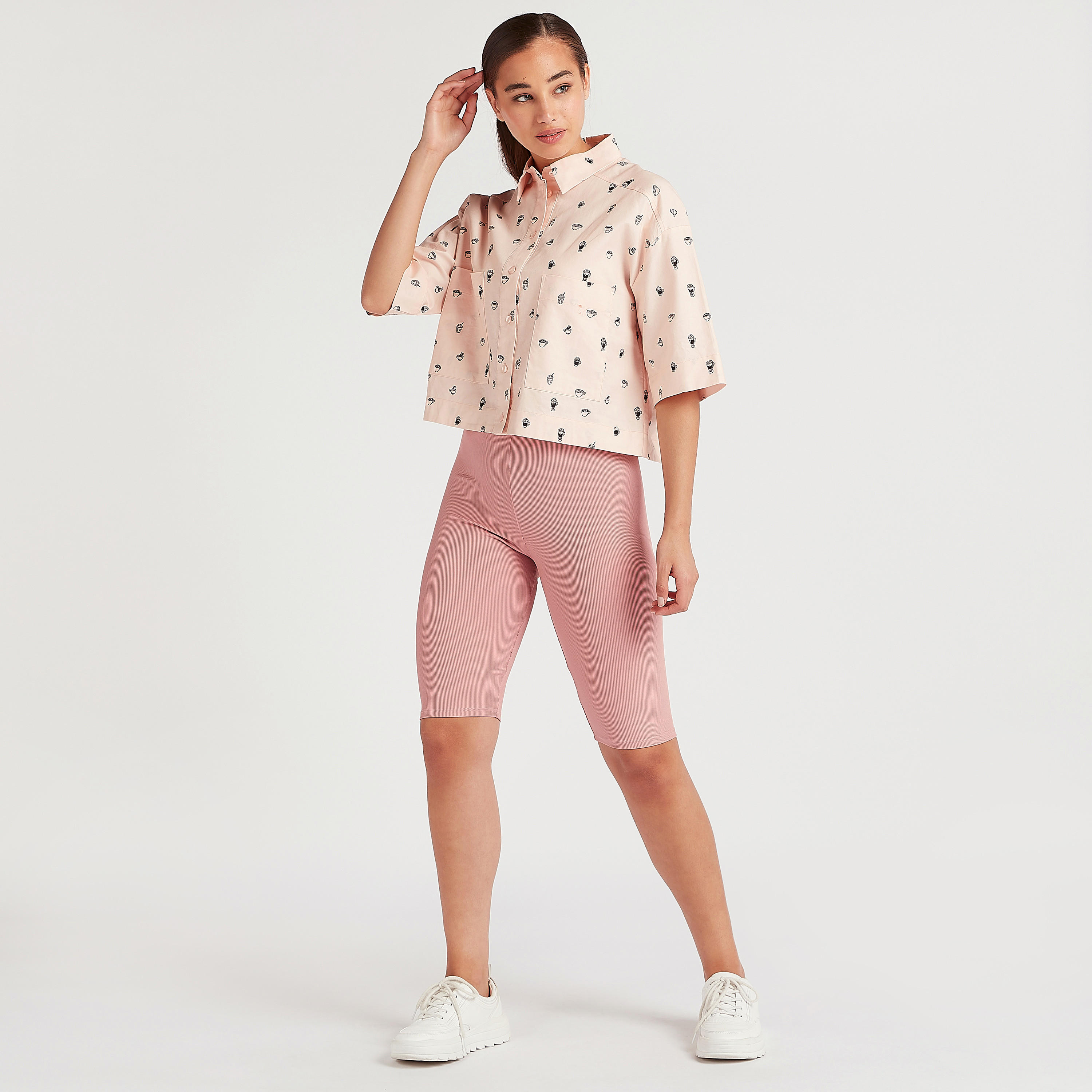 Printed Crop Shirt with Collar and 3/4 Sleeves-women-clothing-shirtsandblouses-shirts-image-2