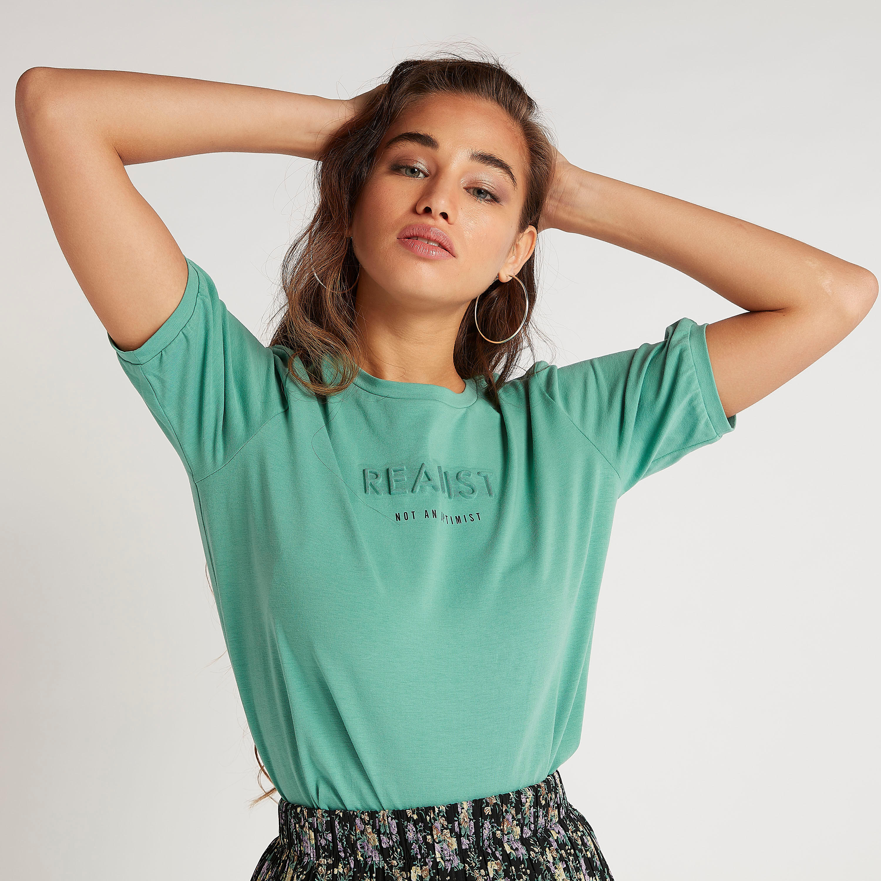 Embossed Print T-shirt with Short Sleeves and Crew Neck-women-clothing-tshirts-image-1