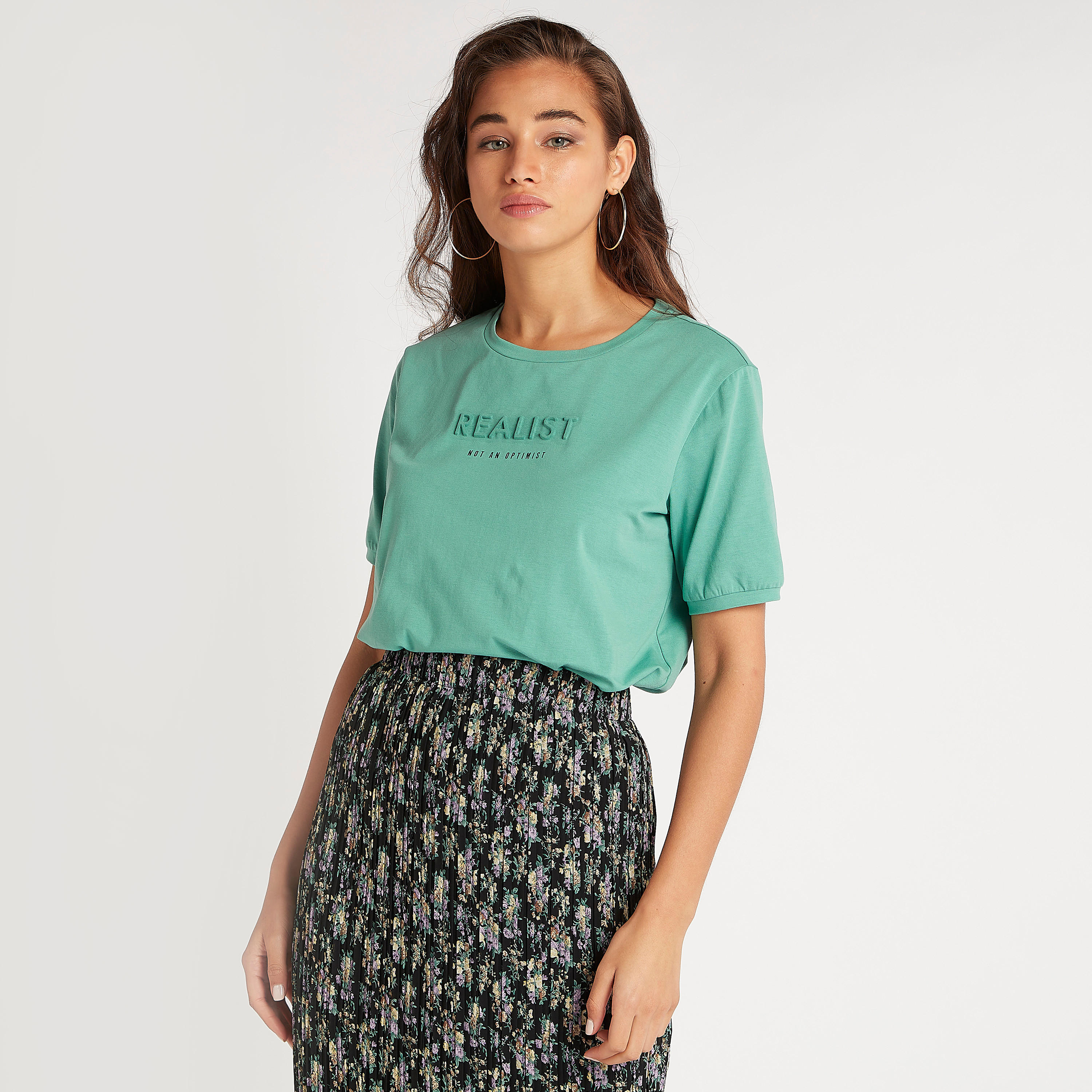 Embossed Print T-shirt with Short Sleeves and Crew Neck-women-clothing-tshirts-image-5