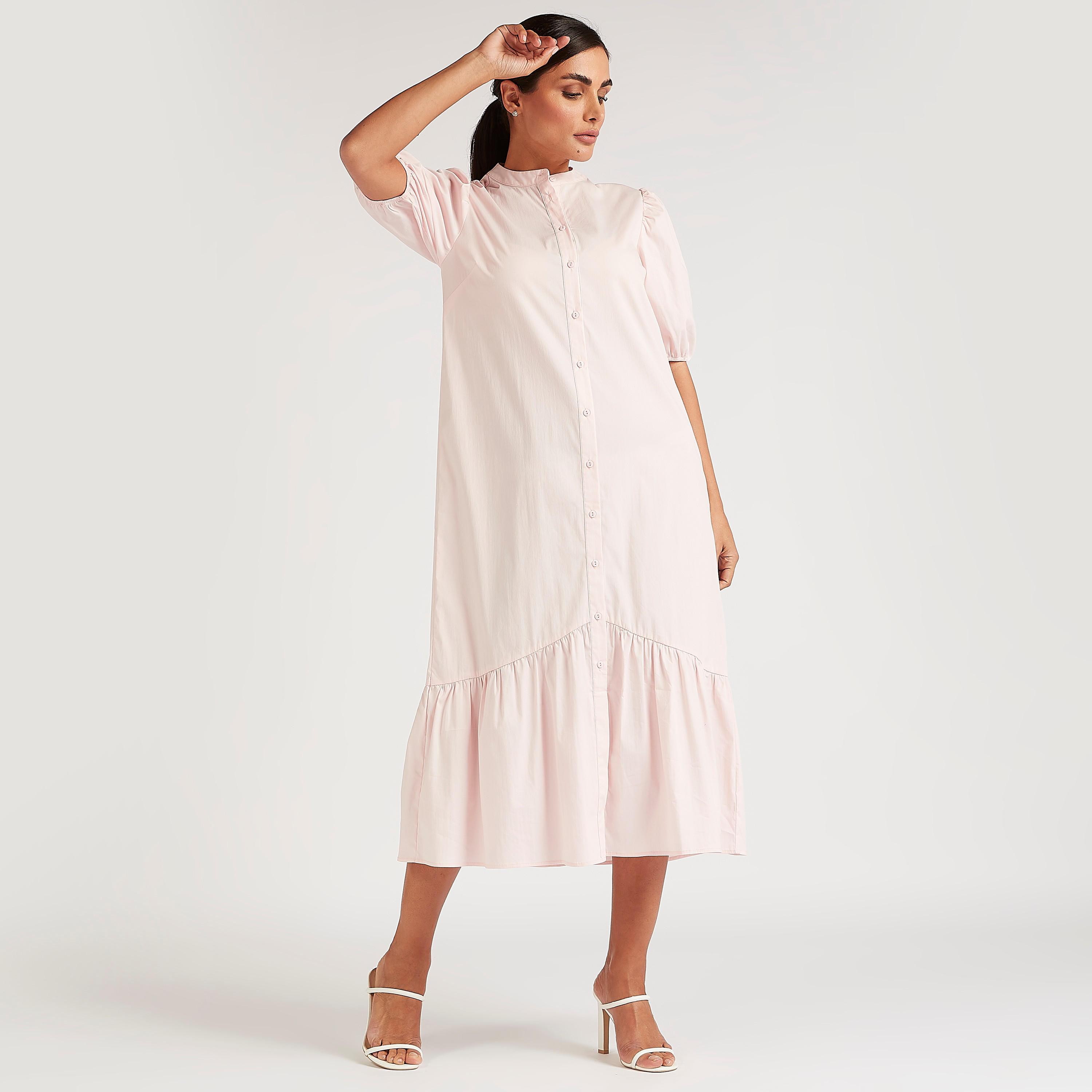 فستان سادة ميدي إيه لاين وأكمام منفوخة قصيرة-women-clothing-dresses-image-4