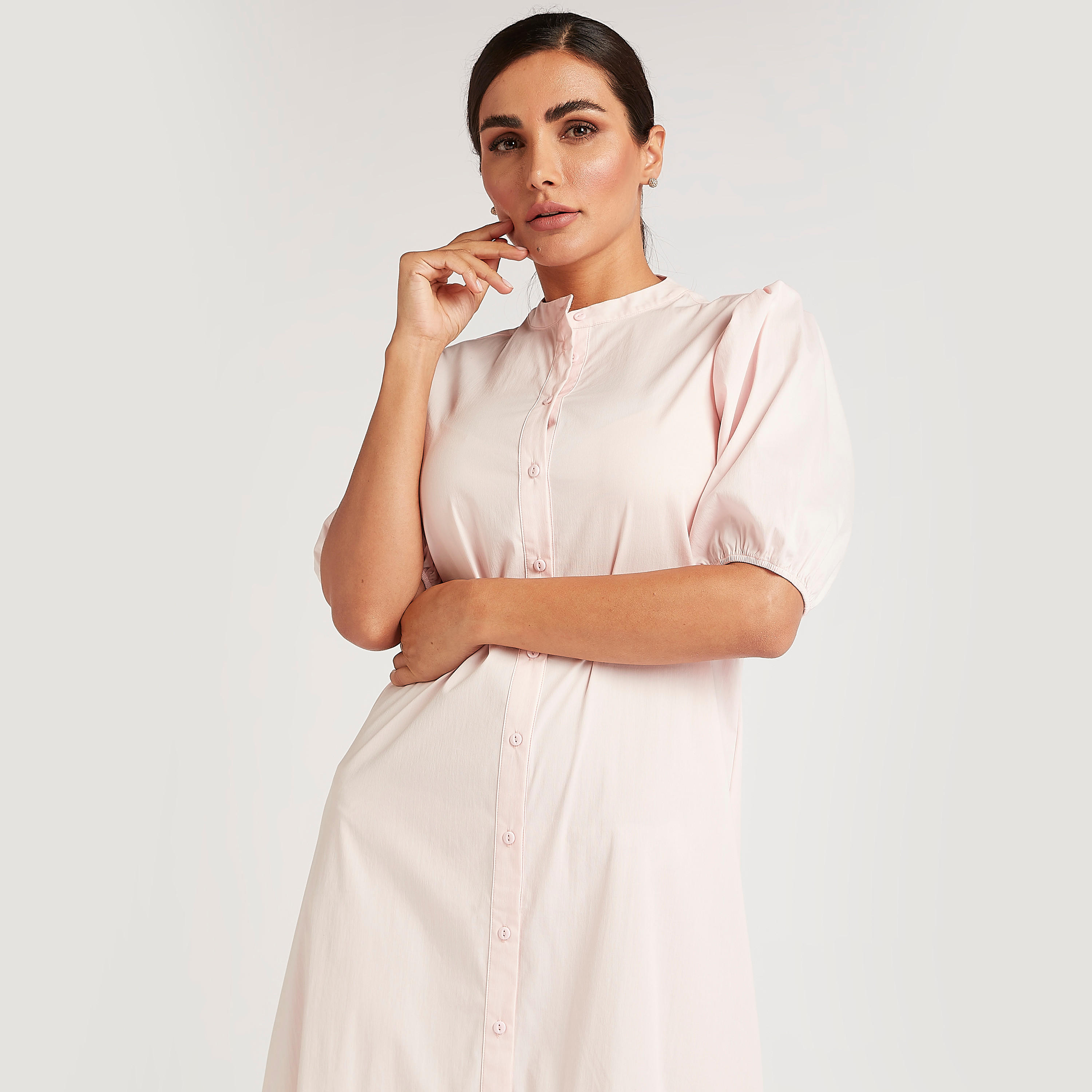 فستان سادة ميدي إيه لاين وأكمام منفوخة قصيرة-women-clothing-dresses-image-3