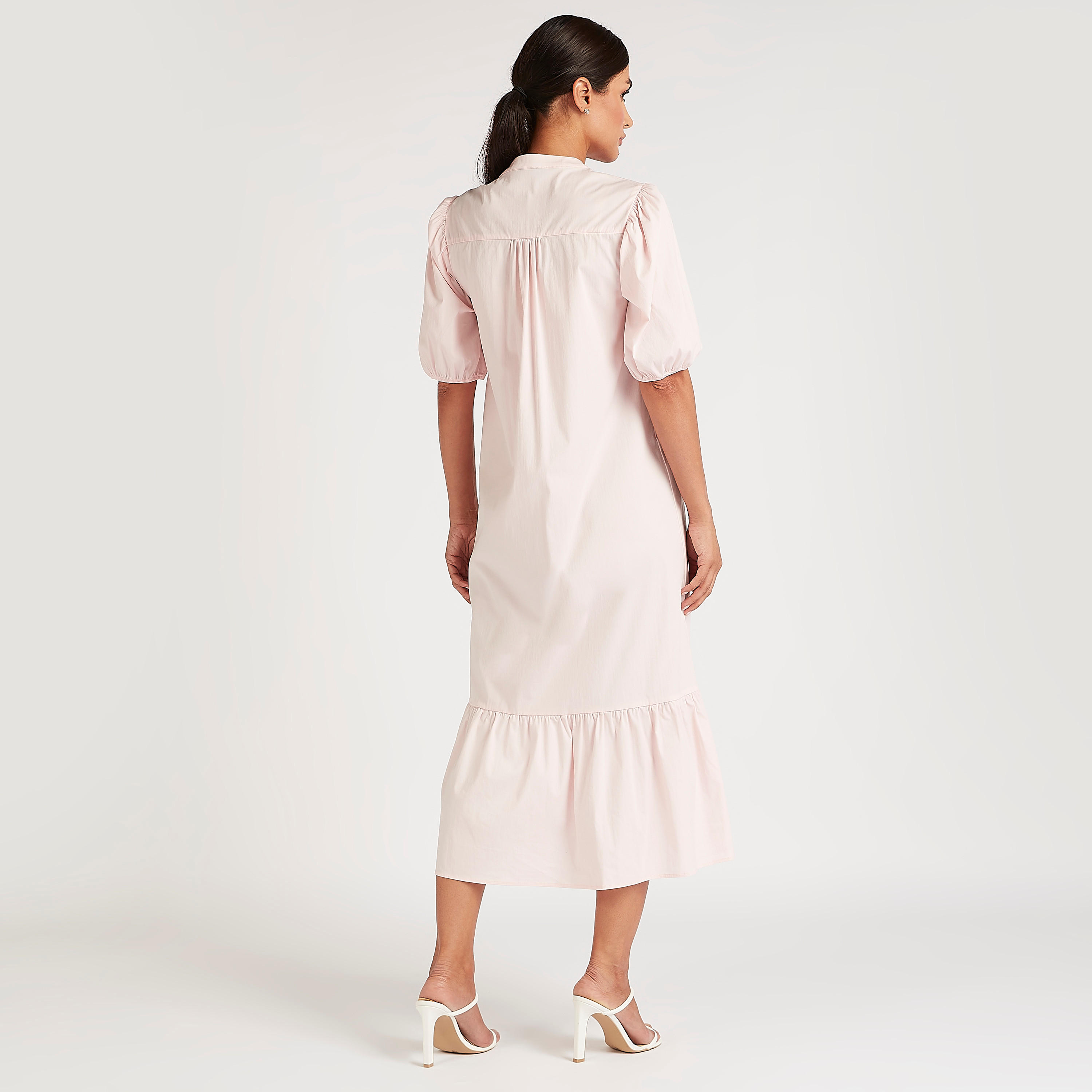 فستان سادة ميدي إيه لاين وأكمام منفوخة قصيرة-women-clothing-dresses-image-1