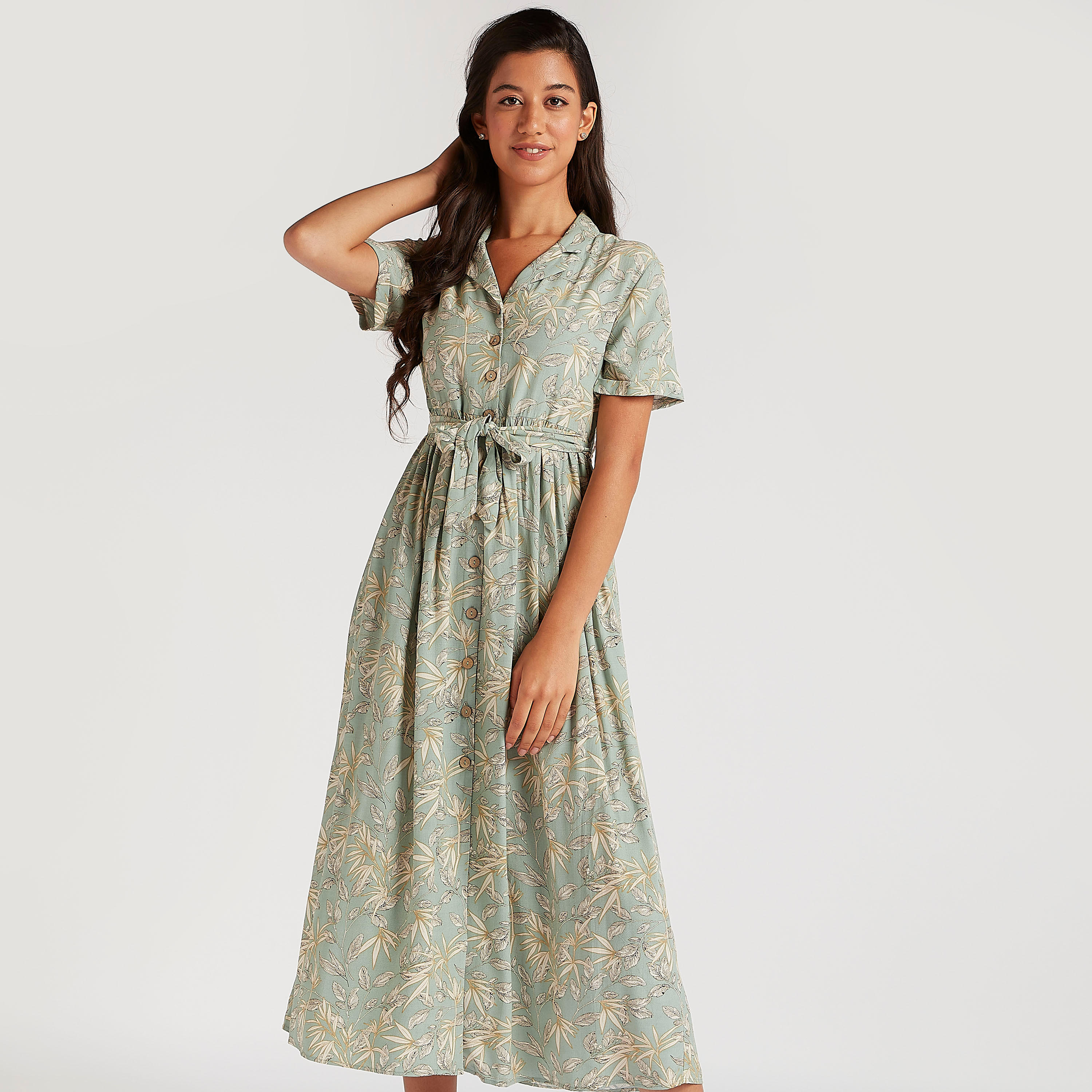 فستان قميص ميدي ملفوف بطبعات بوتانيكال وأكمام قصيرة-women-clothing-dresses-image-2