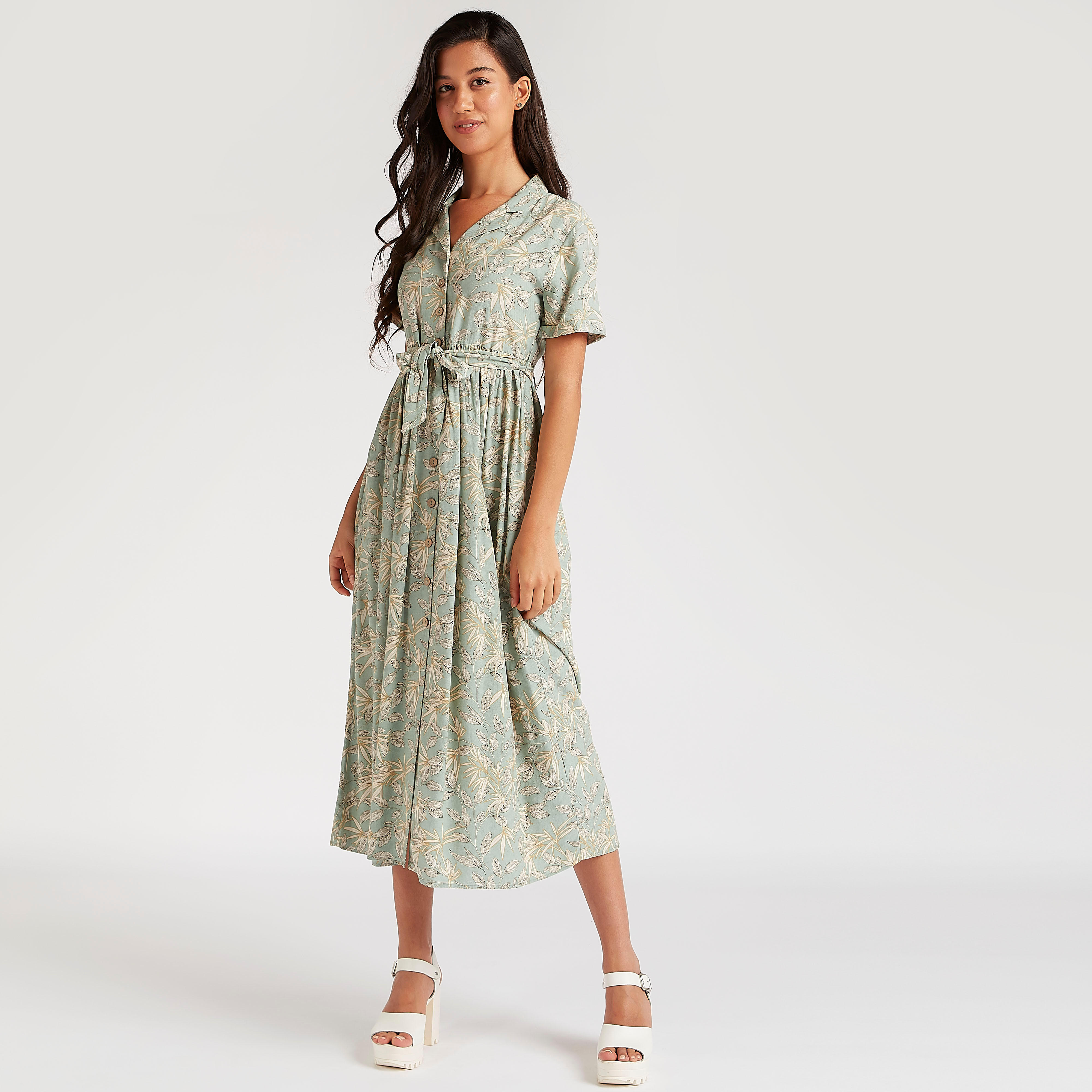 فستان قميص ميدي ملفوف بطبعات بوتانيكال وأكمام قصيرة-women-clothing-dresses-image-3