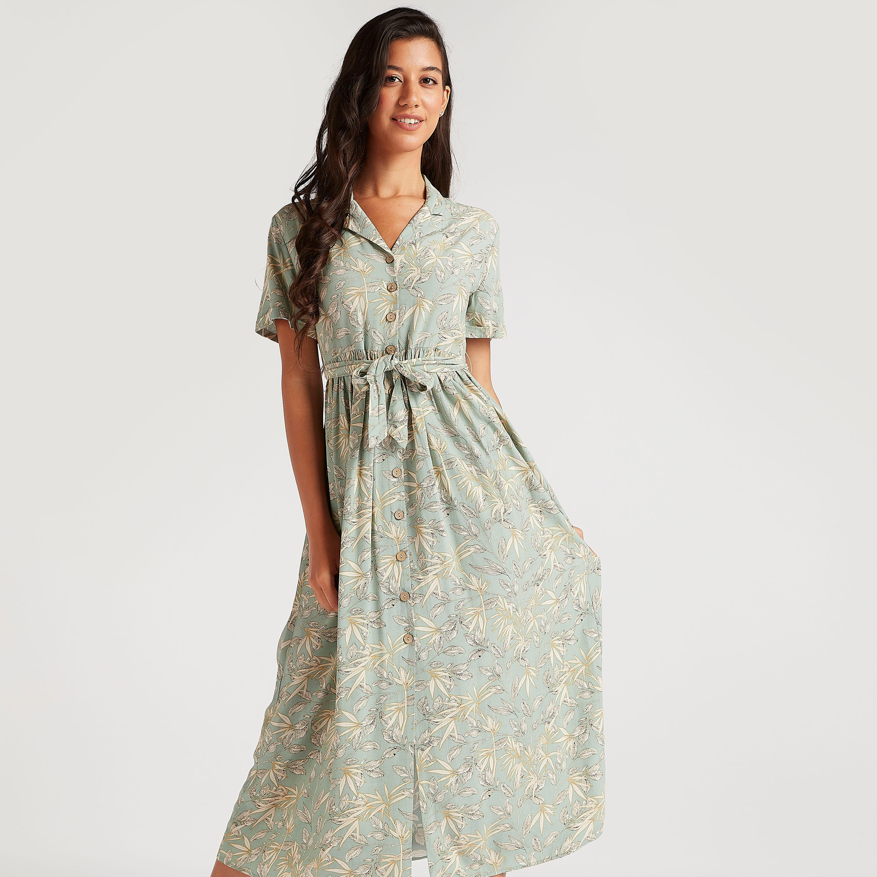 فستان قميص ميدي ملفوف بطبعات بوتانيكال وأكمام قصيرة-women-clothing-dresses-image-7