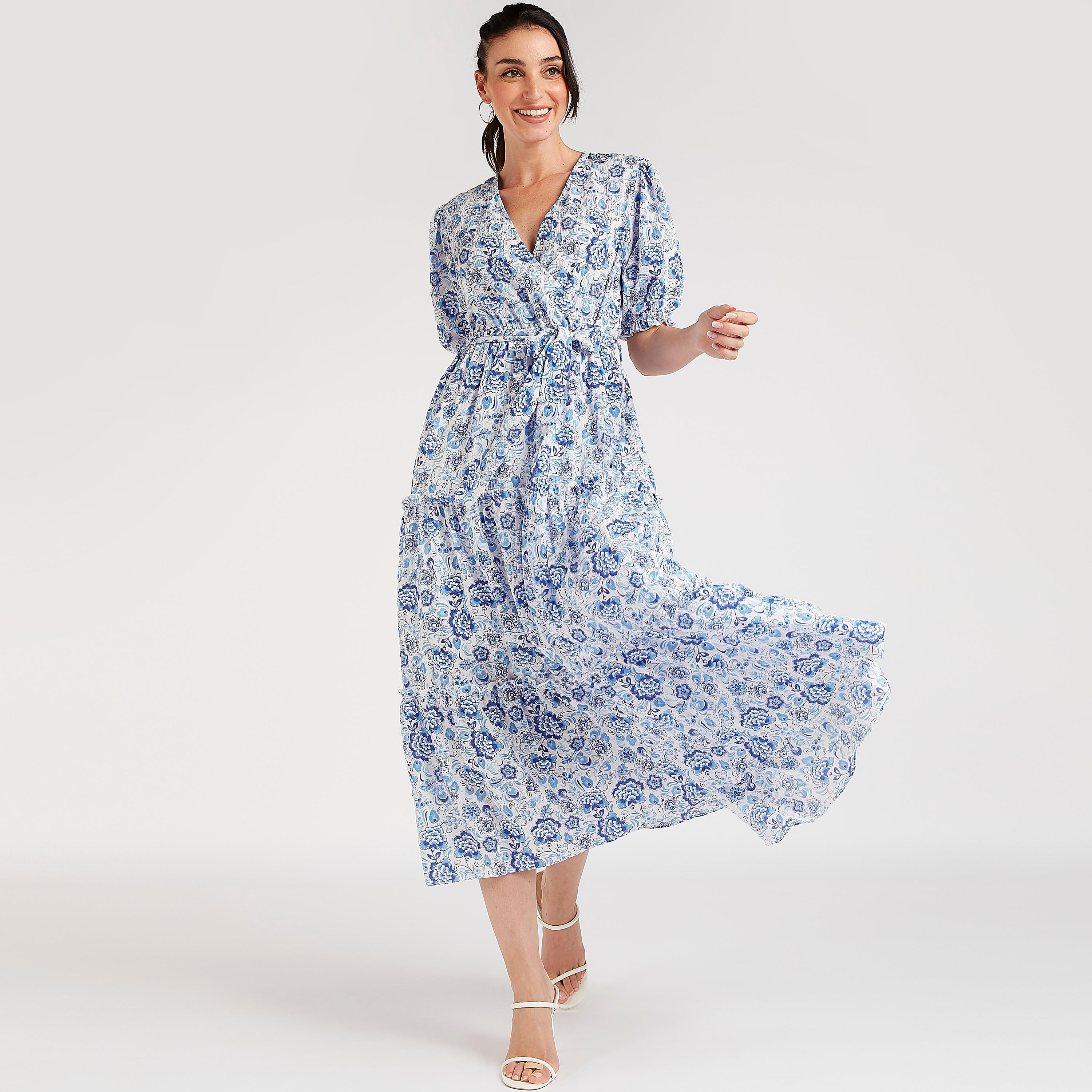 فستان ملفوف ميدي بطبعات أزهار وأكمام قصيرة منفوخة-women-clothing-dresses-image-2