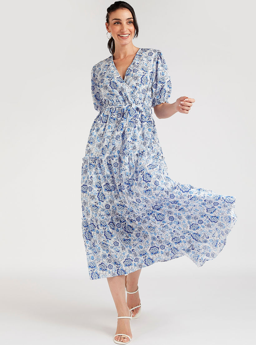 فستان ملفوف ميدي بطبعات أزهار وأكمام قصيرة منفوخة-women-clothing-dresses-image-2