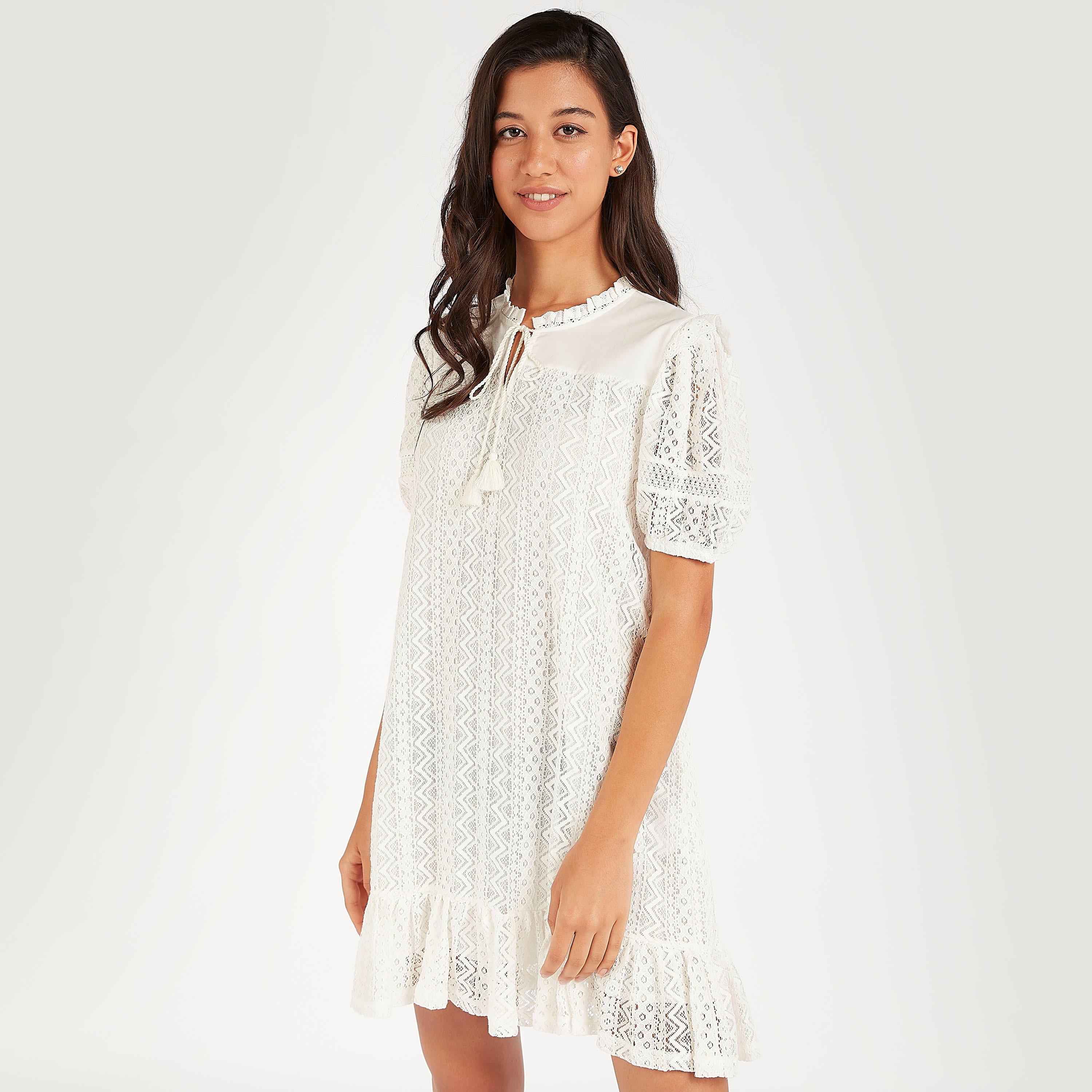 فستان طويل إيه لاين دانتيل مطرز بياقة بقتحة وأكمام قصيرة-women-clothing-dresses-image-1