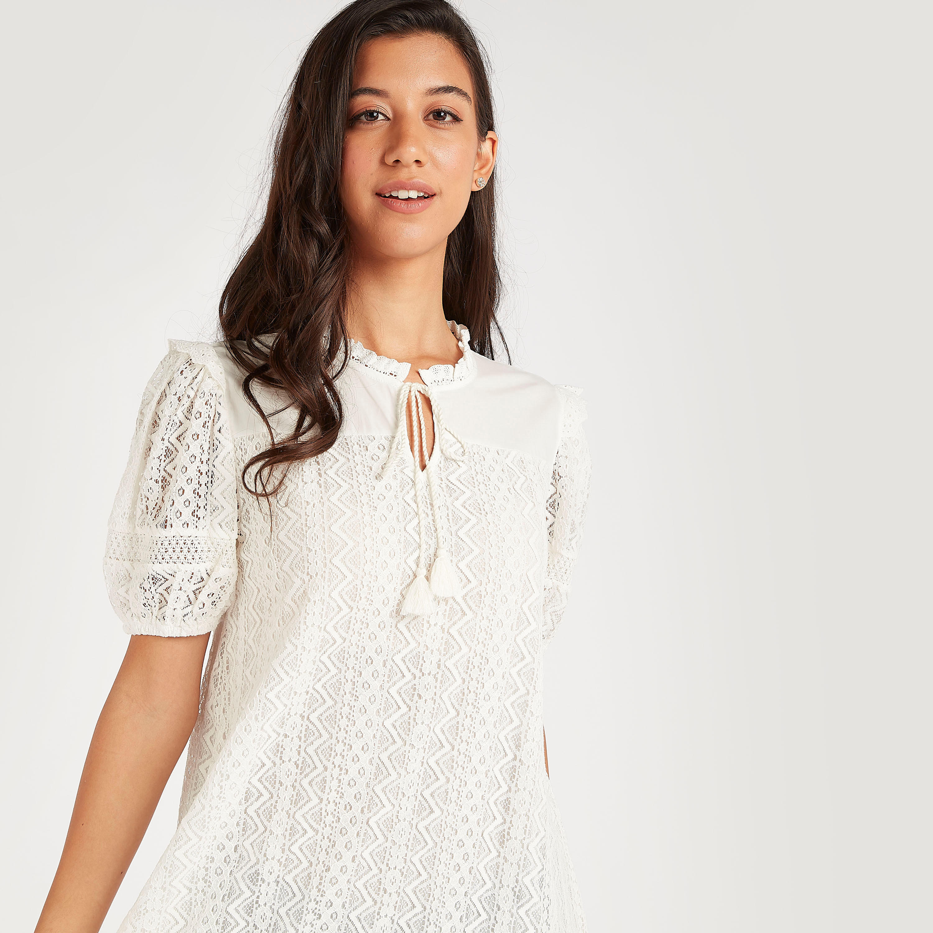 فستان طويل إيه لاين دانتيل مطرز بياقة بقتحة وأكمام قصيرة-women-clothing-dresses-image-3
